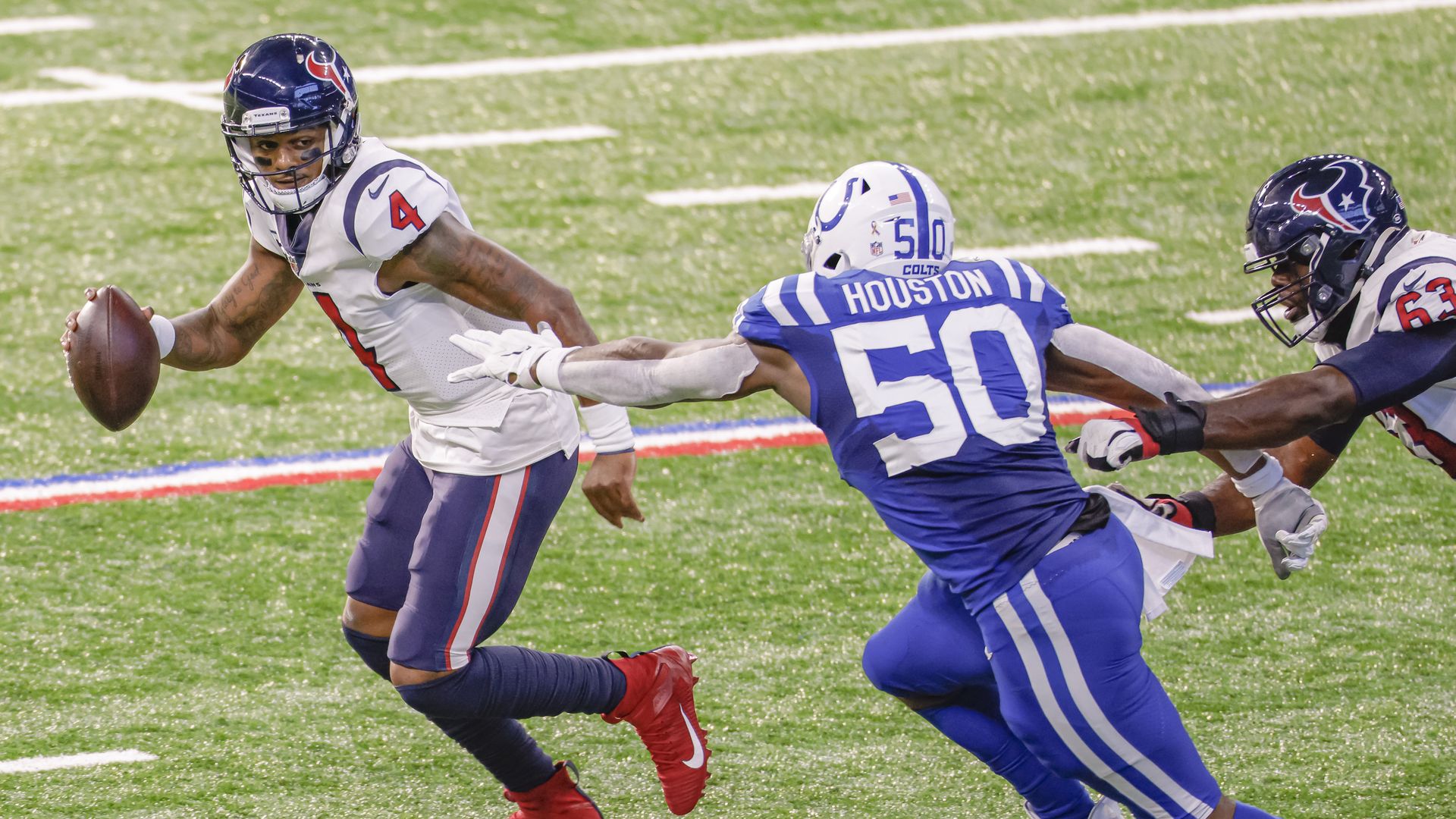Texans QB Deshaun Watson during a game against the Indianapolis Colts in Indiana in December 2020.