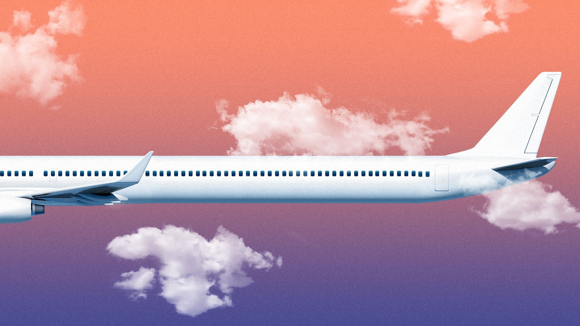 Illustration of an airplane against a sunset sky with an extraordinarily long tail section. 