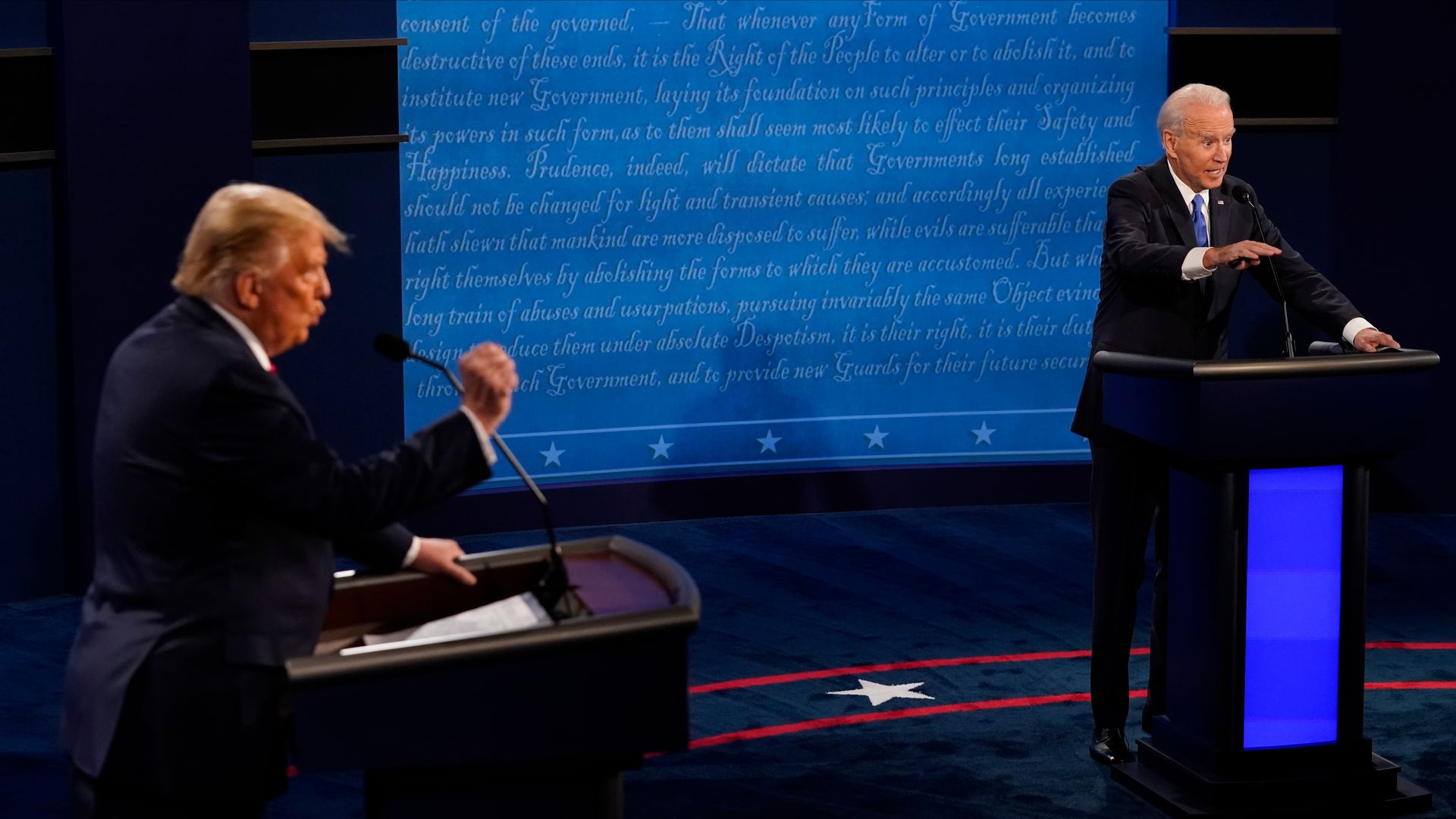 U.S. President Donald Trump, left, and Joe Biden, 2020 Democratic presidential nominee, speak during the U.S. presidential debate at Belmont University in Nashville, Tennessee, U.S., on Thursday, Oct. 22, 2020.