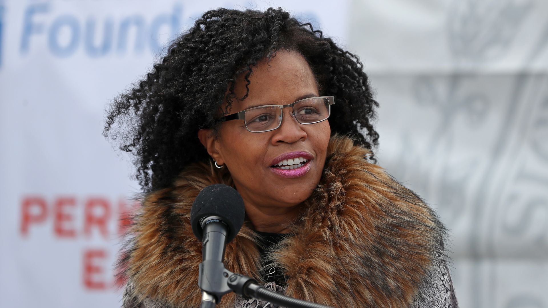 Kim Janey, President, Boston City Council, speaks at the podium during the topping off event in Boston on Feb. 23