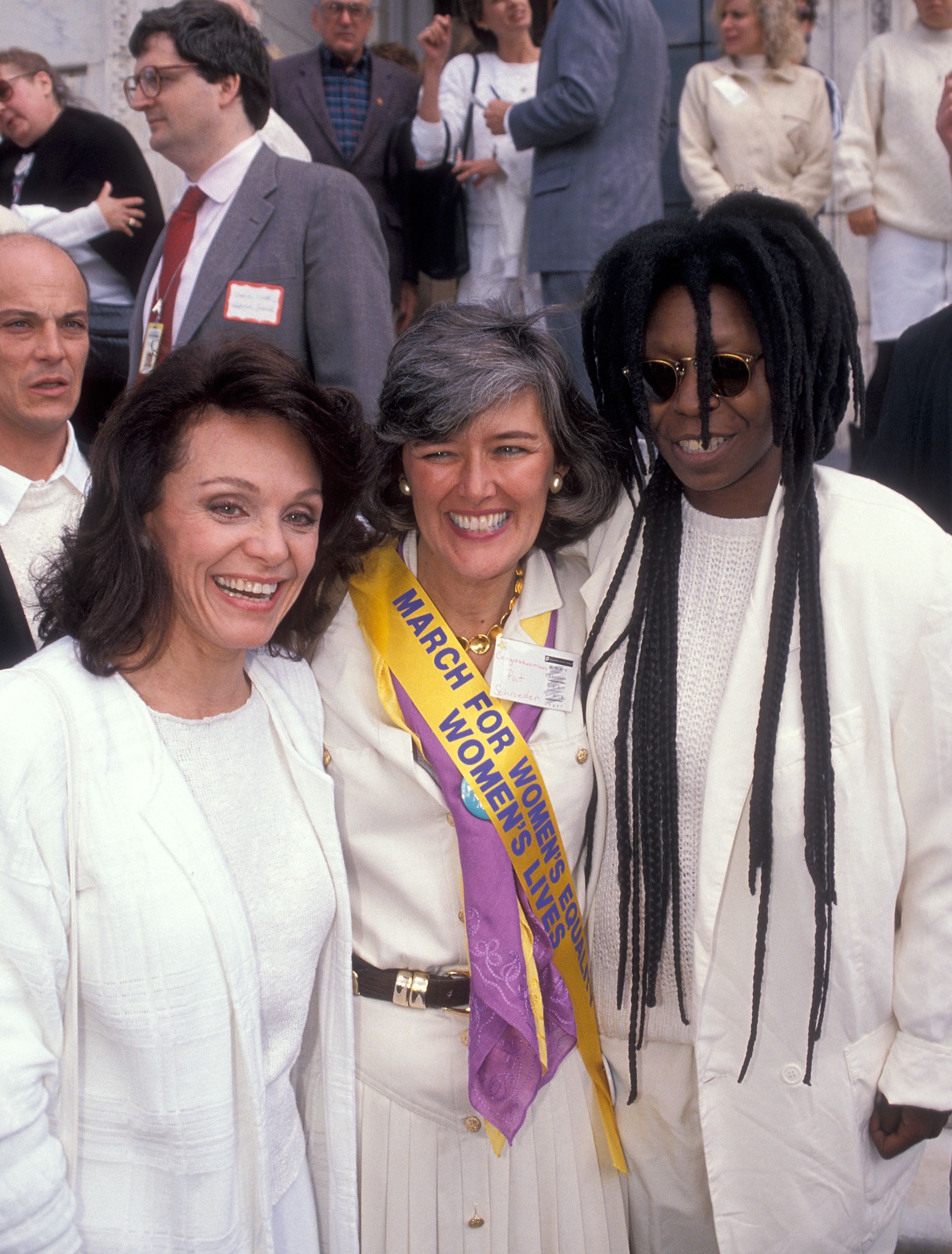 WASHINGTON, DC - APRIL 9: Actress Valerie Harper, politician Patricia Schroeder and actress Whoopi Goldberg attend the National Organization for Women's "March for Women's Equality/Women's Live" Pro-Choice Rally on April 9, 1989 at Capitol Hill in Washington, DC. (Photo by Ron Galella/Ron Galella Collection via Getty Images)
