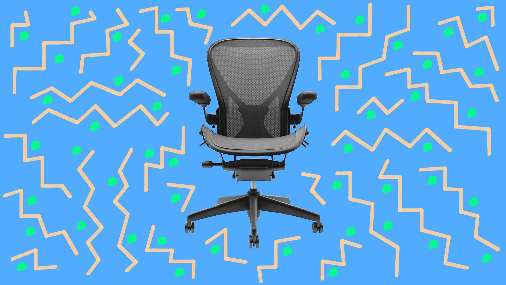 Illustration of office chair surrounded by 90s style pattern