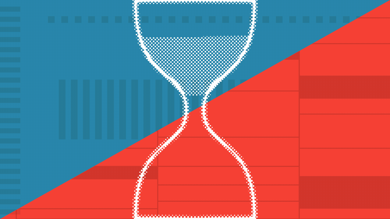 Animated illustration of an hourglass over a divided red and blue background with elements of ballots. The sand falls through, and the hourglass flips over. 