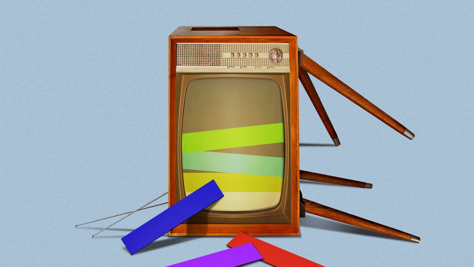 Illustration of a toppled over vintage television with color bars falling out onto the floor
