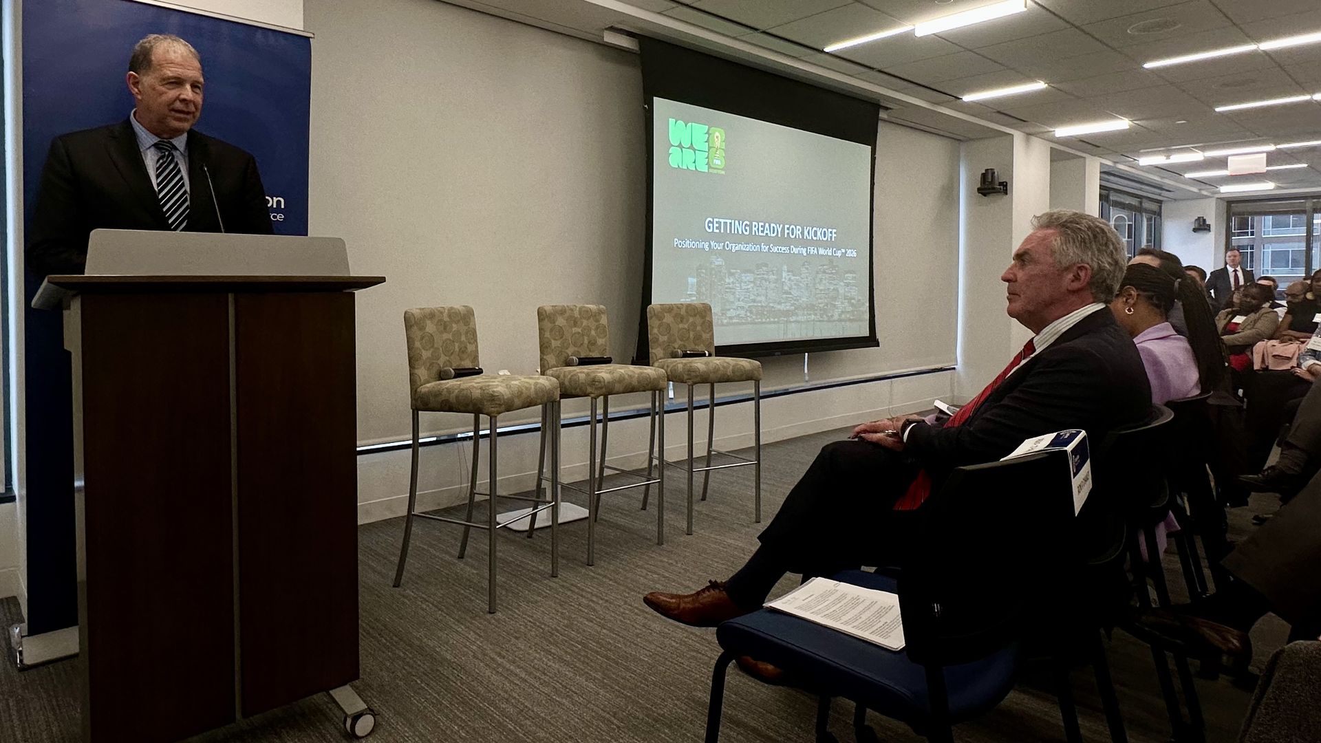 Mike Loynd, head of the FIFA World Cup Boston '26 host committee, speaks at a Greater Boston Chamber of Commerce event about business preparation for the event.