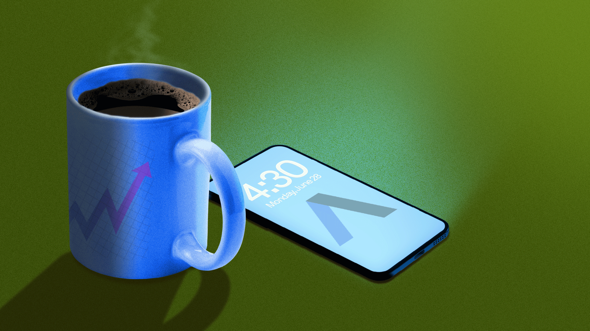 A cup of coffee and a phone.