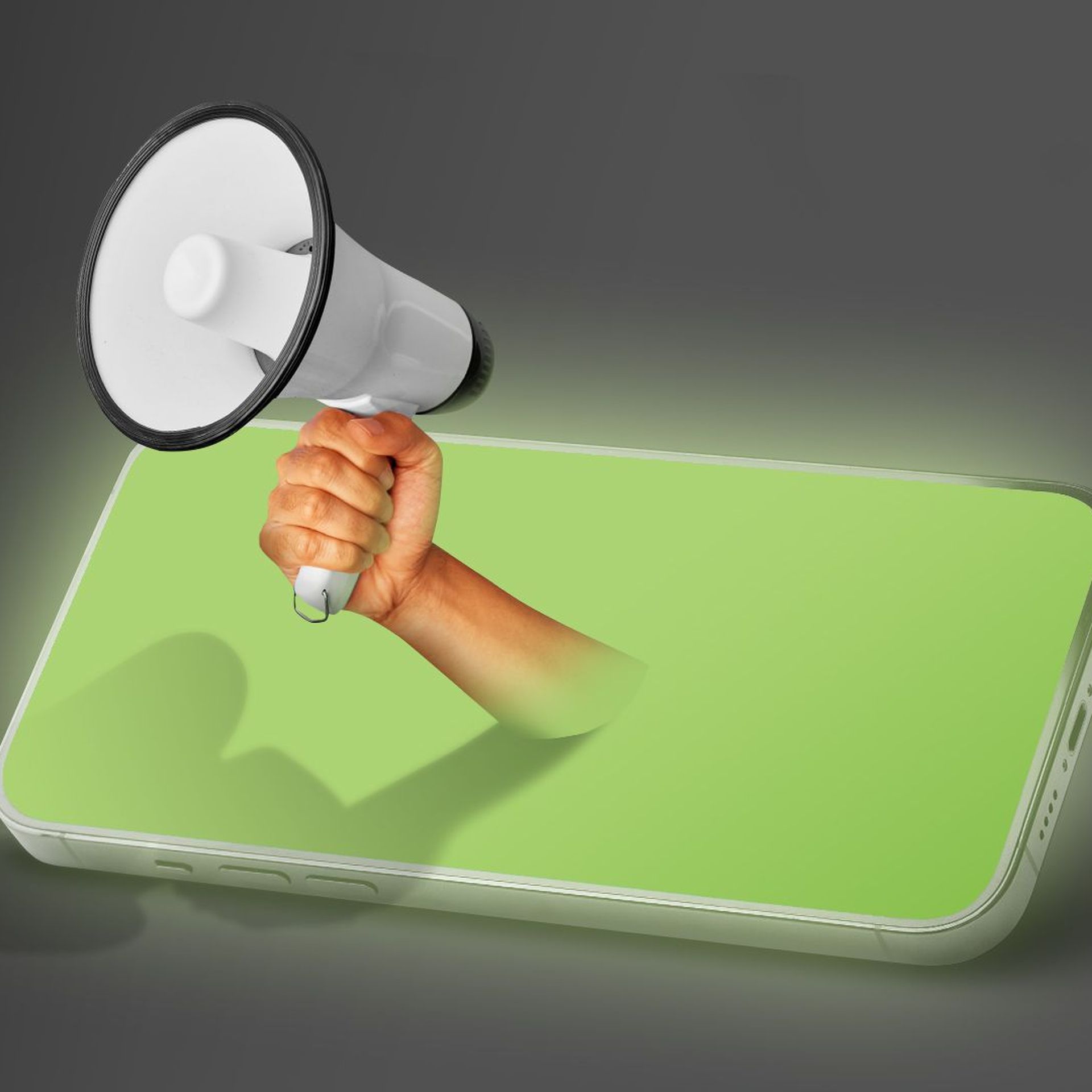 Illustration of a hand with a megaphone coming out from a mobile phone screen.  