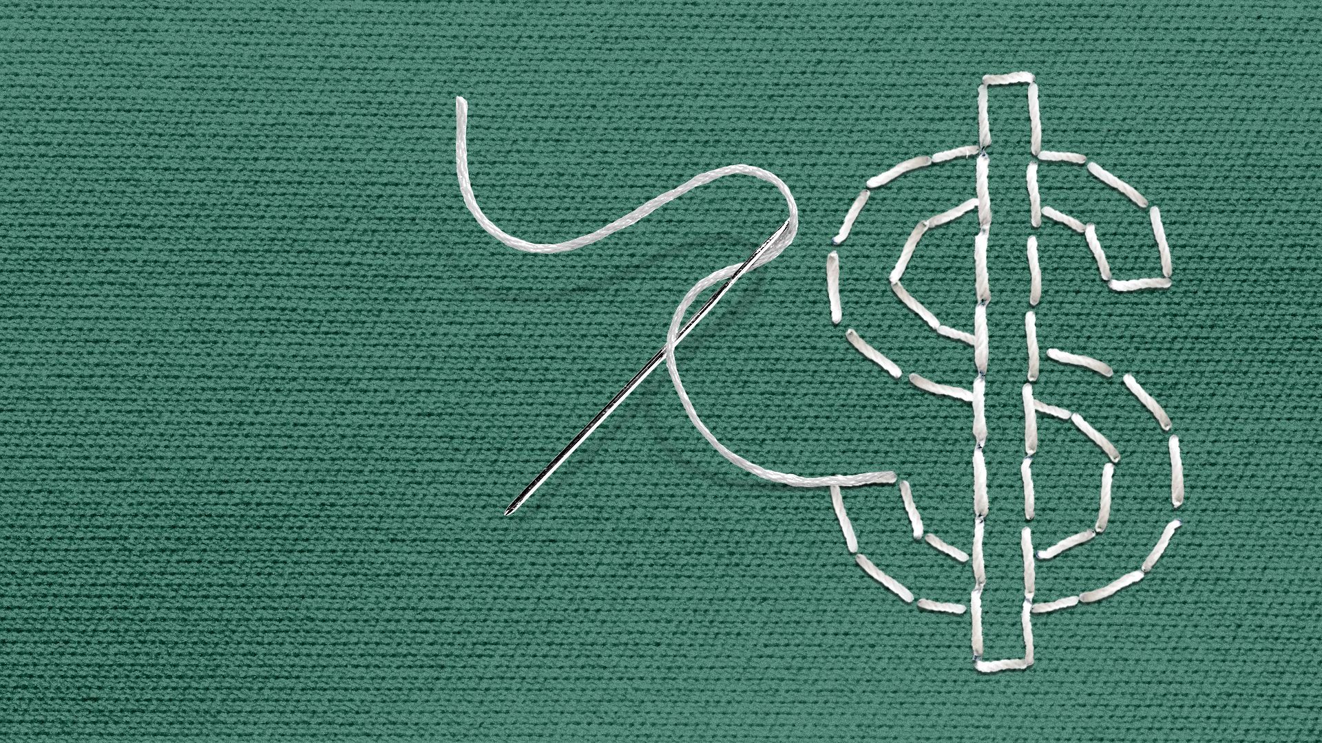 Illustration of a dollar sign being sewn into a piece of fabric with a needle and thread.