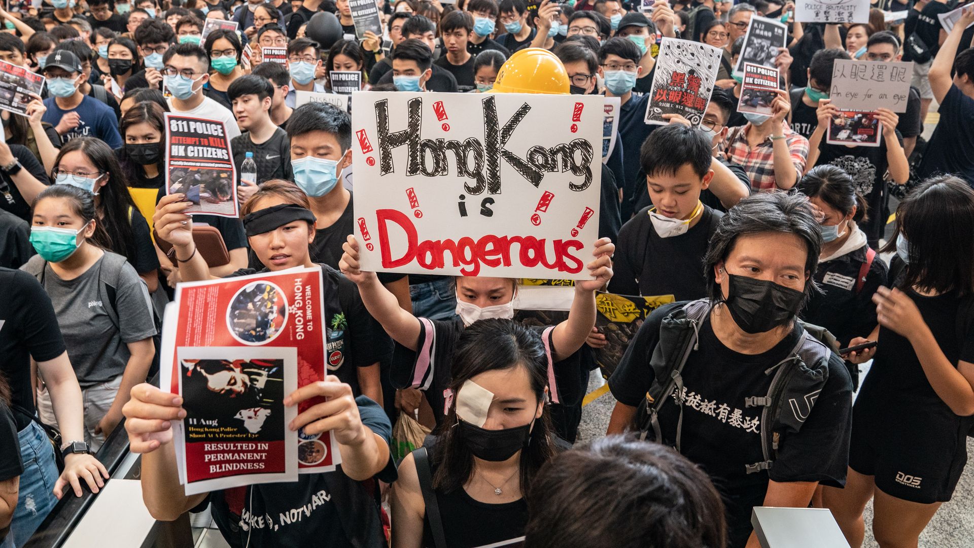 Hong Kong protesters occupy the arrival hall of the Hong Kong International Airport during a demonstration 