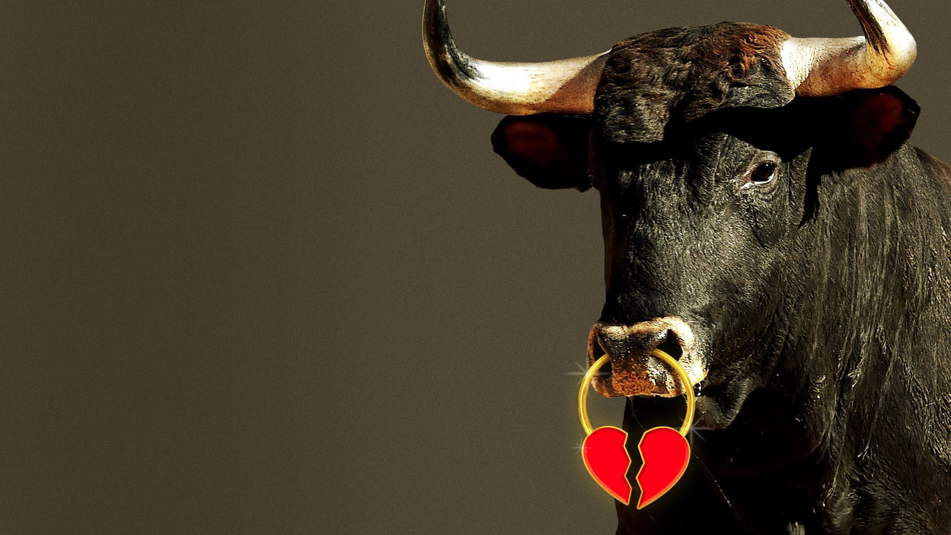 Illustration of a bull wearing a nose ring with a broken heart. 