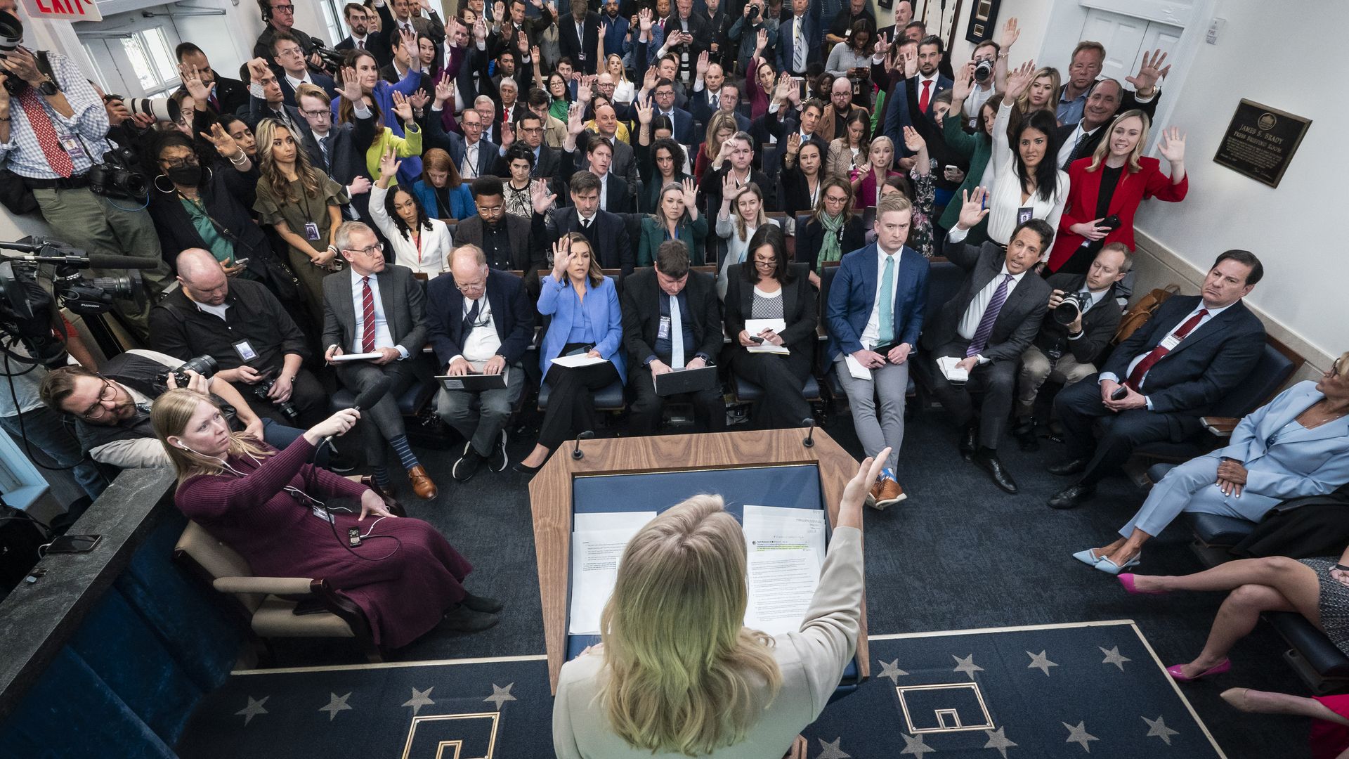 Washington, DC - April 1 : Reporters ask questions as White House Press Secretary Karoline Leavitt speaks at a news briefing at the White House on Tuesday, April 01, 2025 in Washington, DC. (Photo by Jabin Botsford/The Washington Post via Getty Images)
