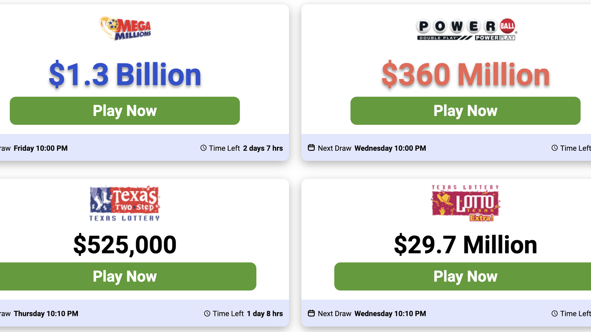 The homepage of a newly-online Texas lottery site