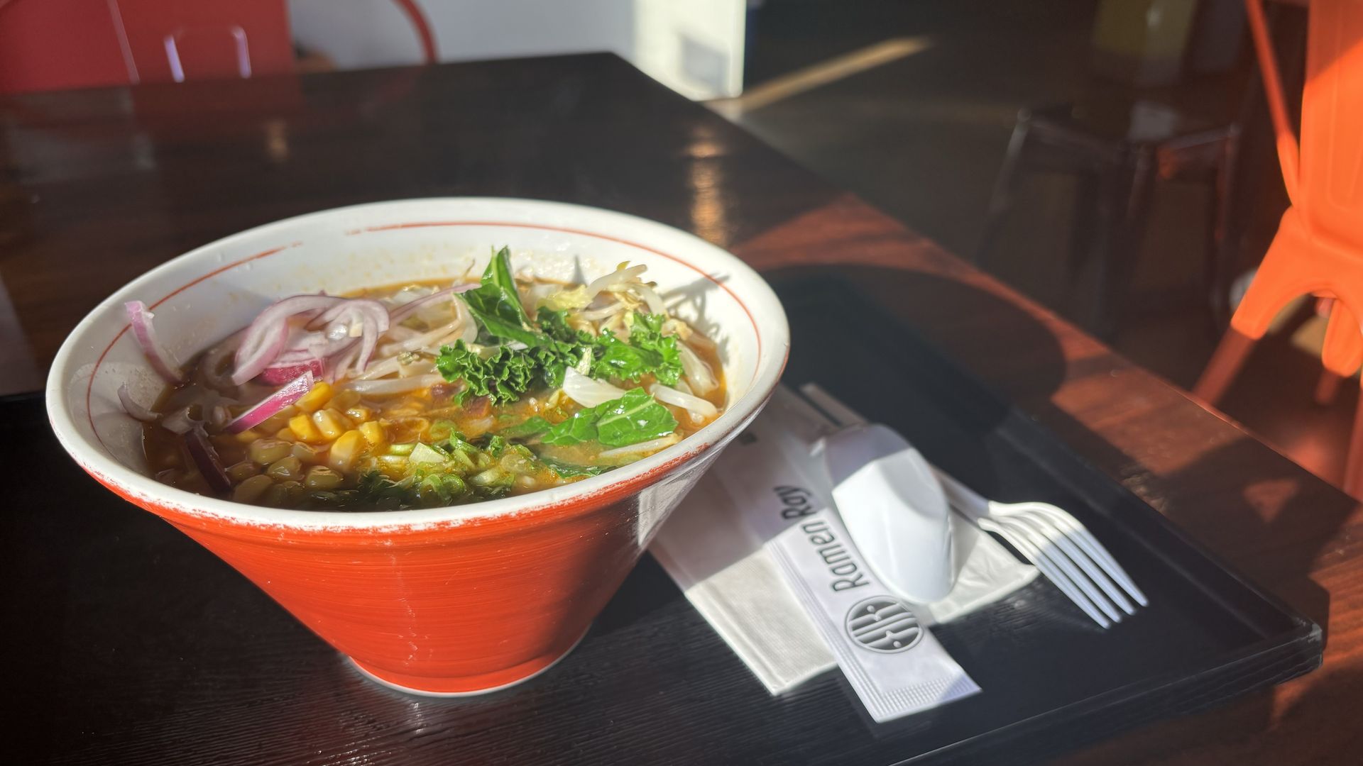 A bowl of soup on a table