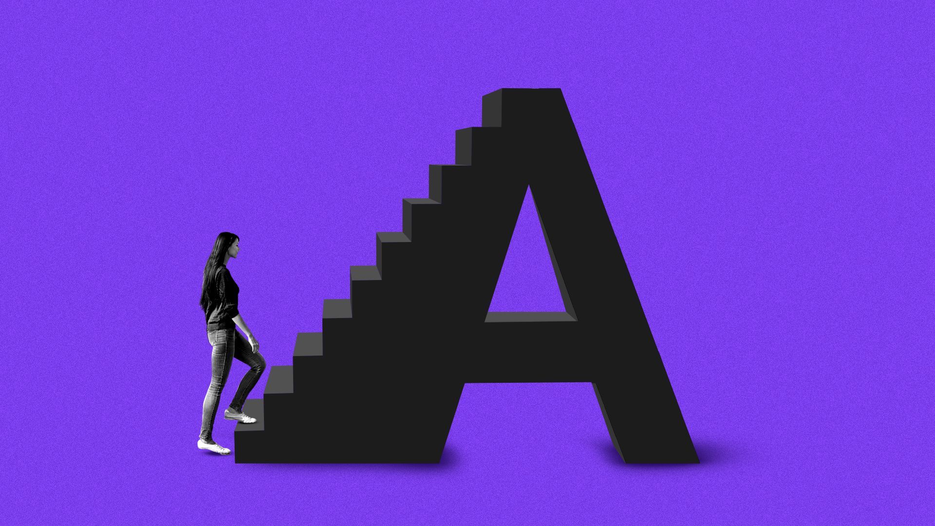 Illustration of a woman walking up stairs that form the side of a letter "A".