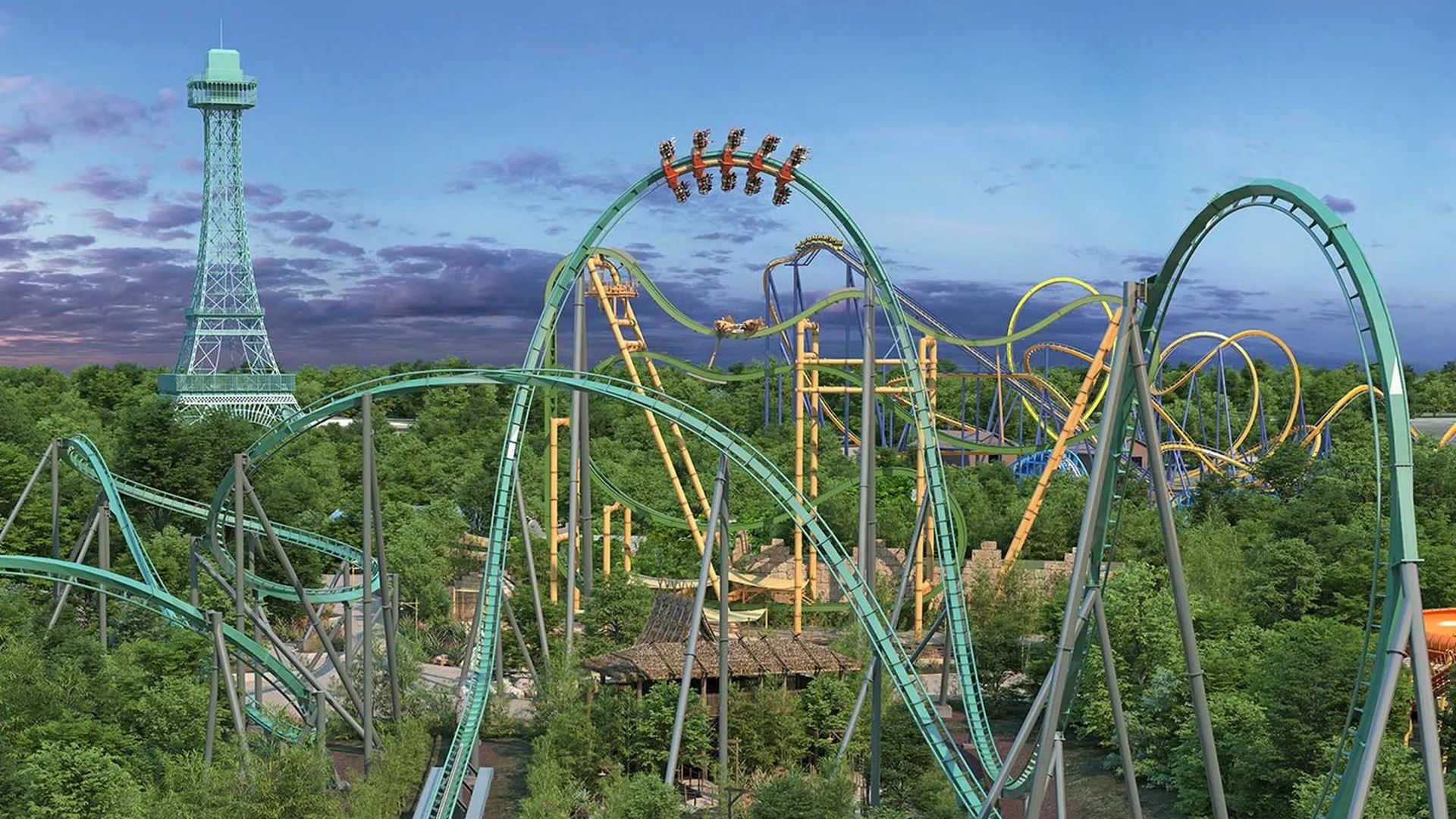 Wide shot of a theme park with a teal observation tower on the left, dense green trees below, and multiple twisting green and yellow roller coasters looping through the scene under a blue sky.
