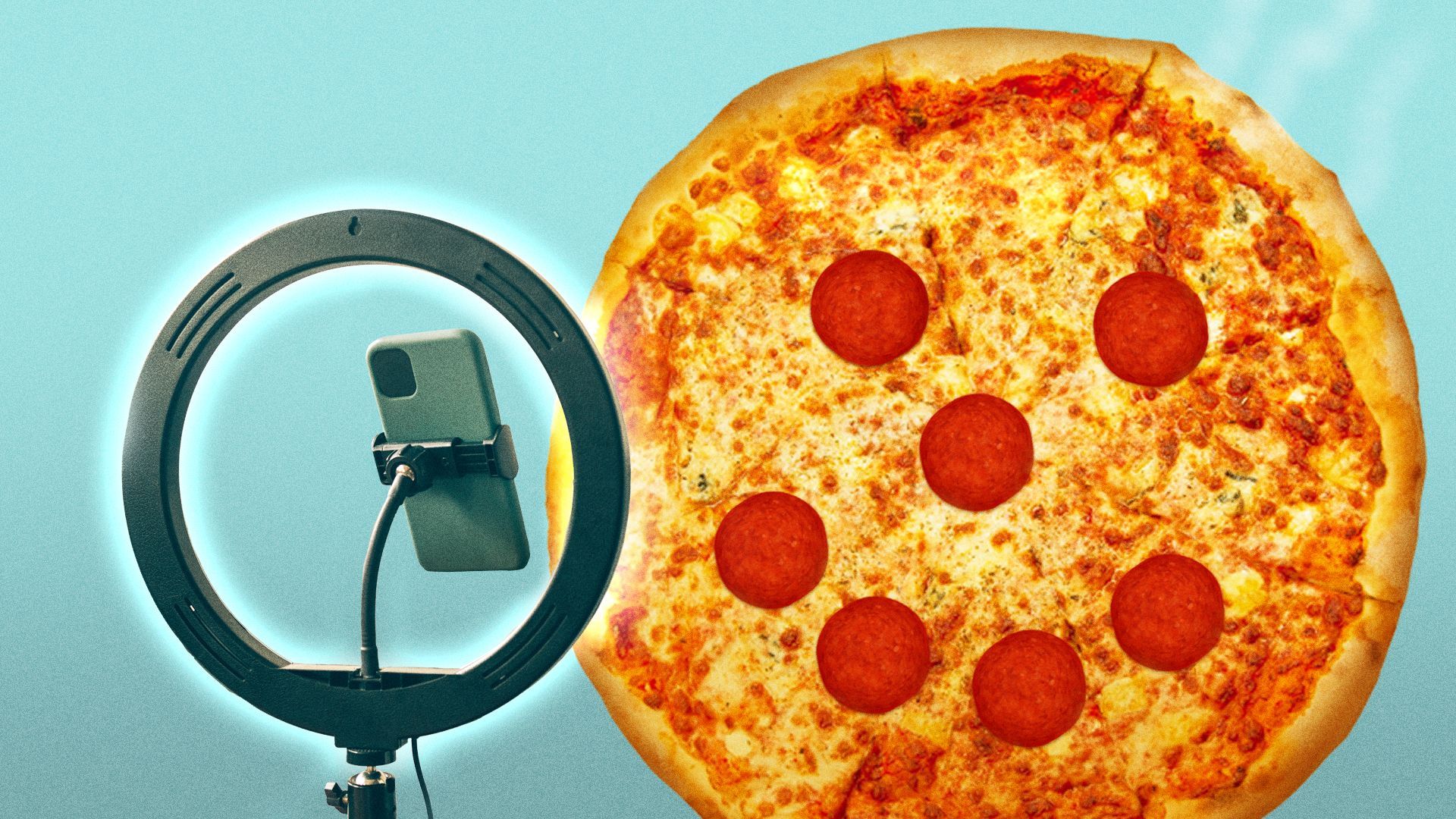 Illustration of a ring light shining on a pizza with pepperoni slices forming a smiley face.