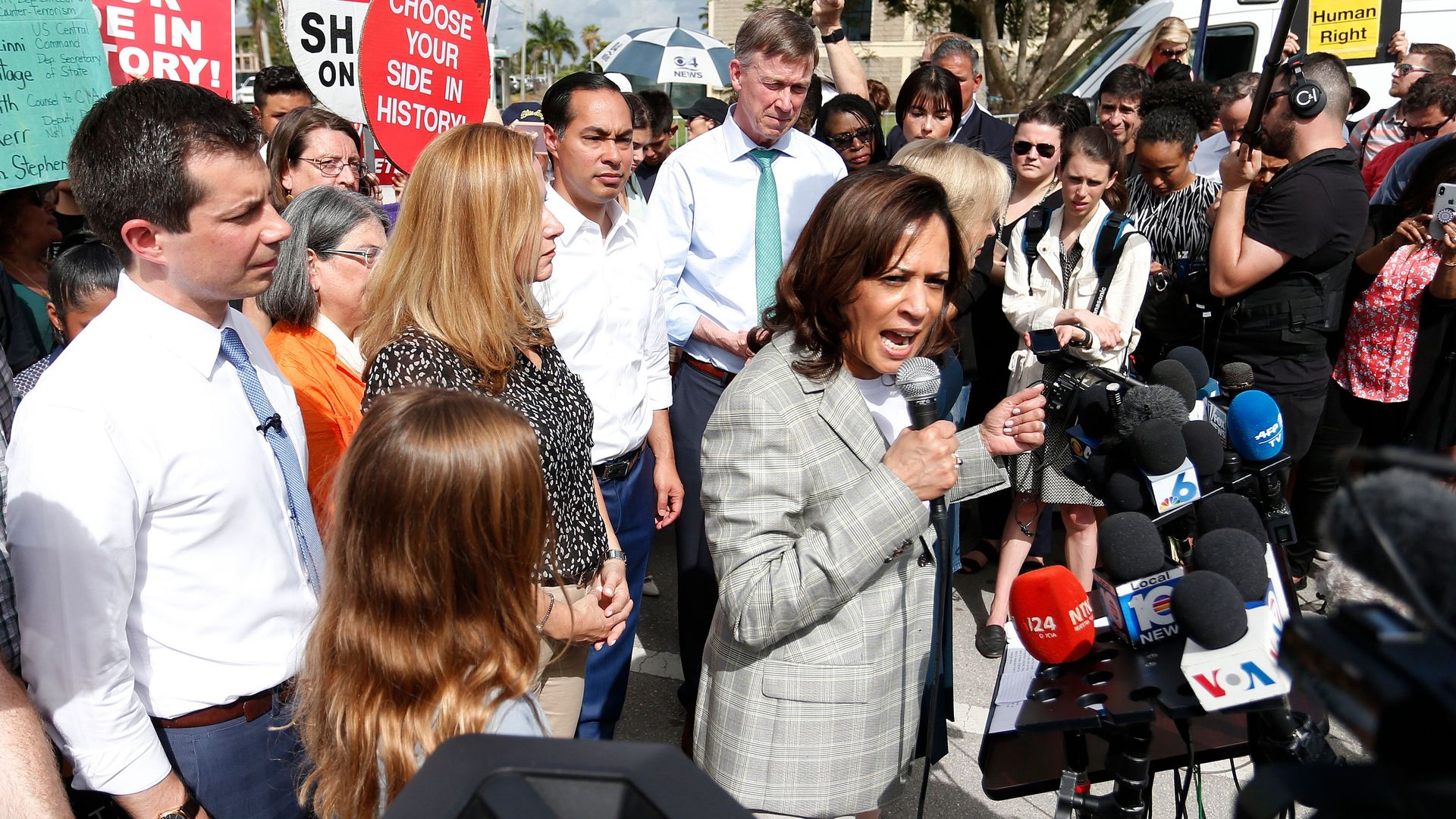 Kamala Harris and other then-presidential contenders are seen outside a child detention center in Homestead, Fla., in 2019.