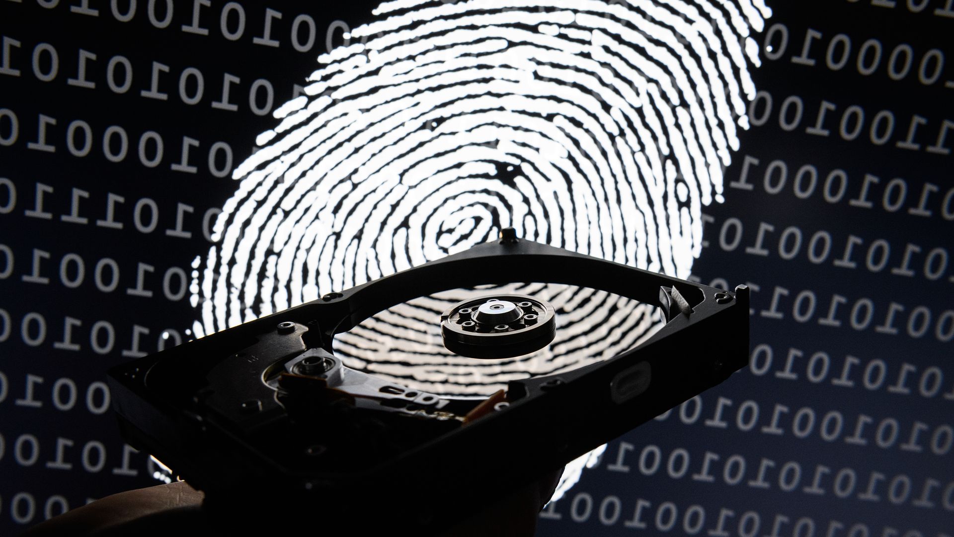 An illustration of a fingerprint set in front of a series of coding numbers