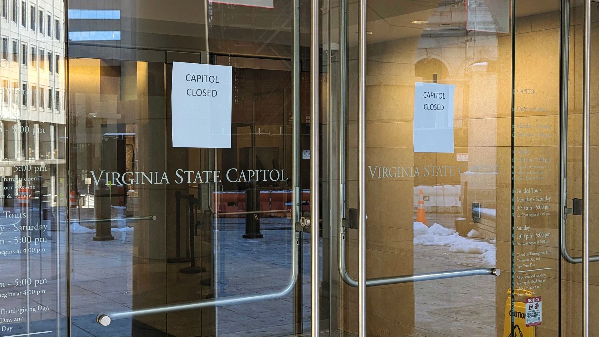 The Virginia Capitol and General Assembly Building remained closed on Wednesday, Jan. 8, 2025, due to an ongoing water outage. Legislators convened briefly Wednesday to start the session before adjourning for the remainder of the week. (Kate Seltzer/The Virginian-Pilot/Tribune News Service via Getty