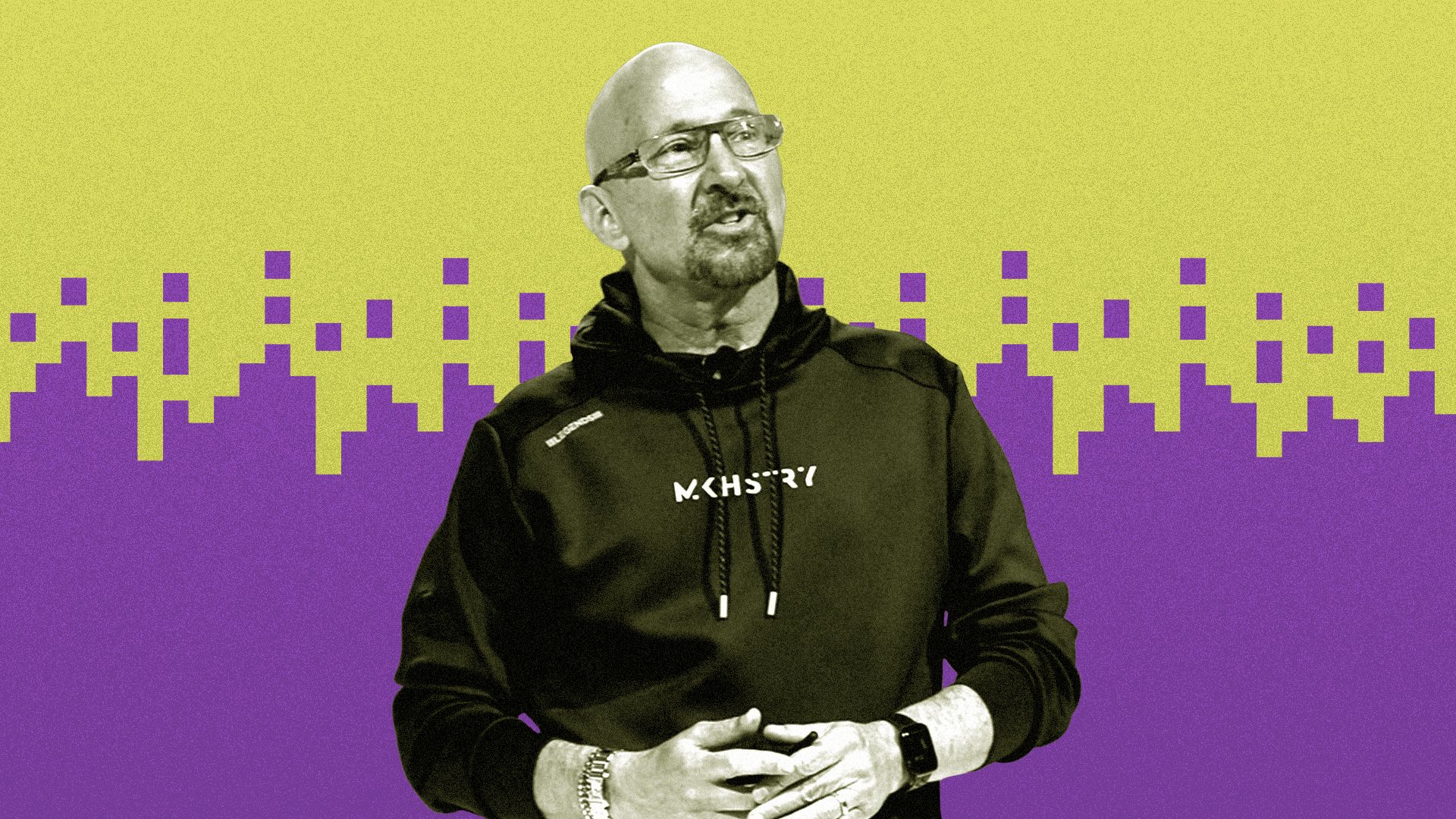 A photo of marketer Jeff Charney in a black MKHSTRY hoodie on an illustrated purple and gold background
