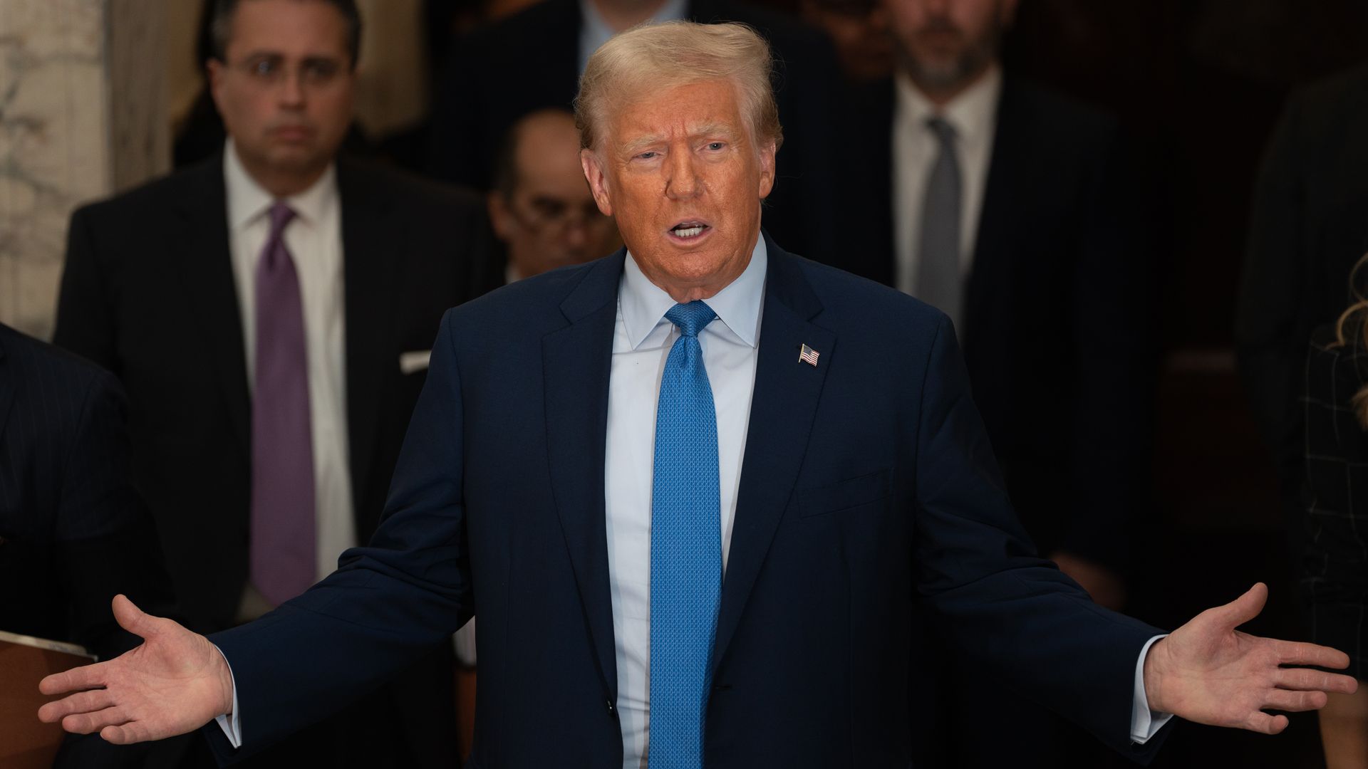 Former U.S. President Donald Trump speaks to the media after completing his testimony at his trial in New York State Supreme Court on November 06, 2023 in New York City.