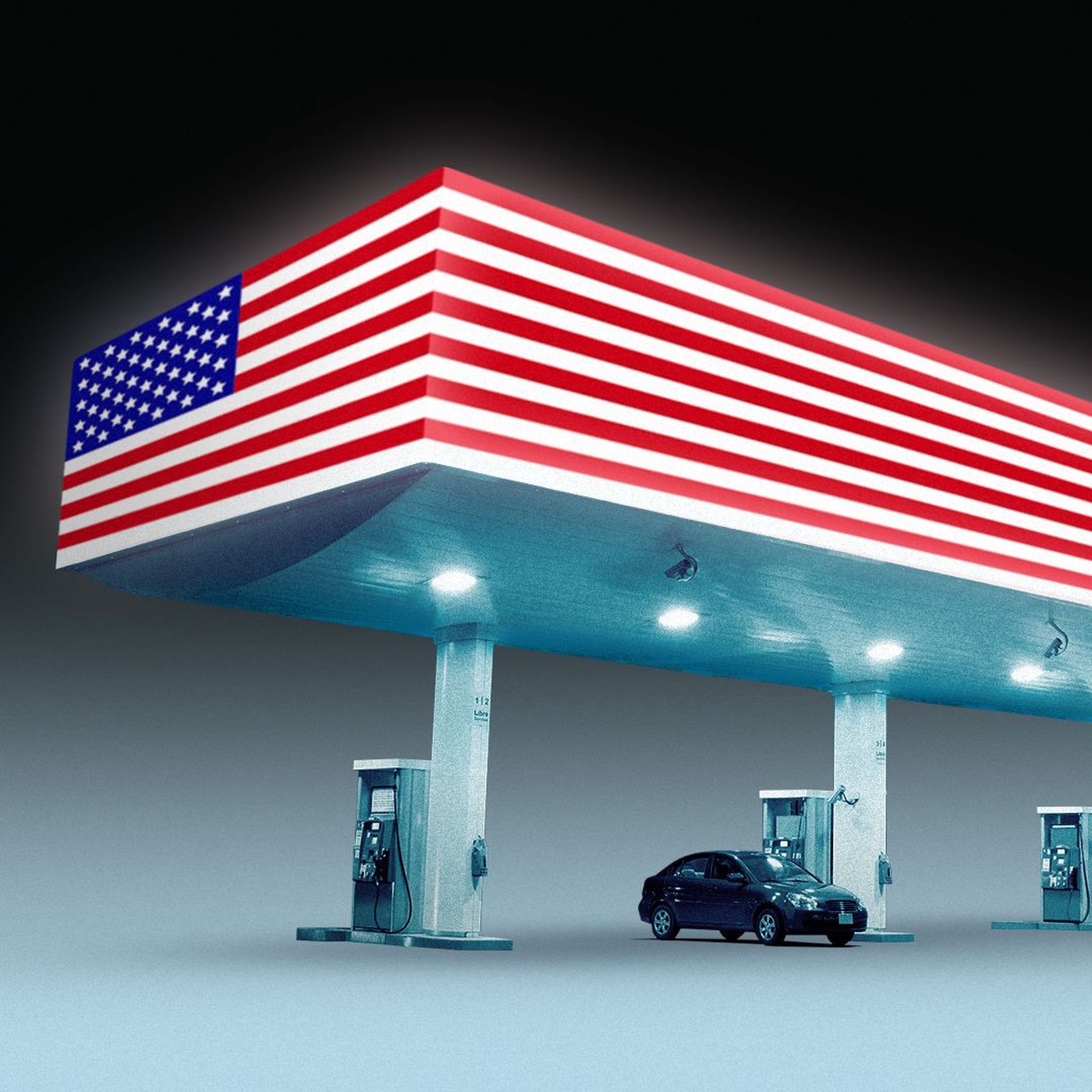 Illustration of a gas station with a roof resembling the US flag