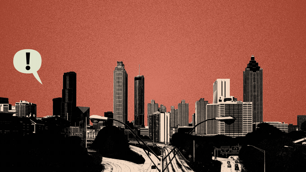 Illustration of the Atlanta skyline with word balloons with exclamation points popping up from left to right.