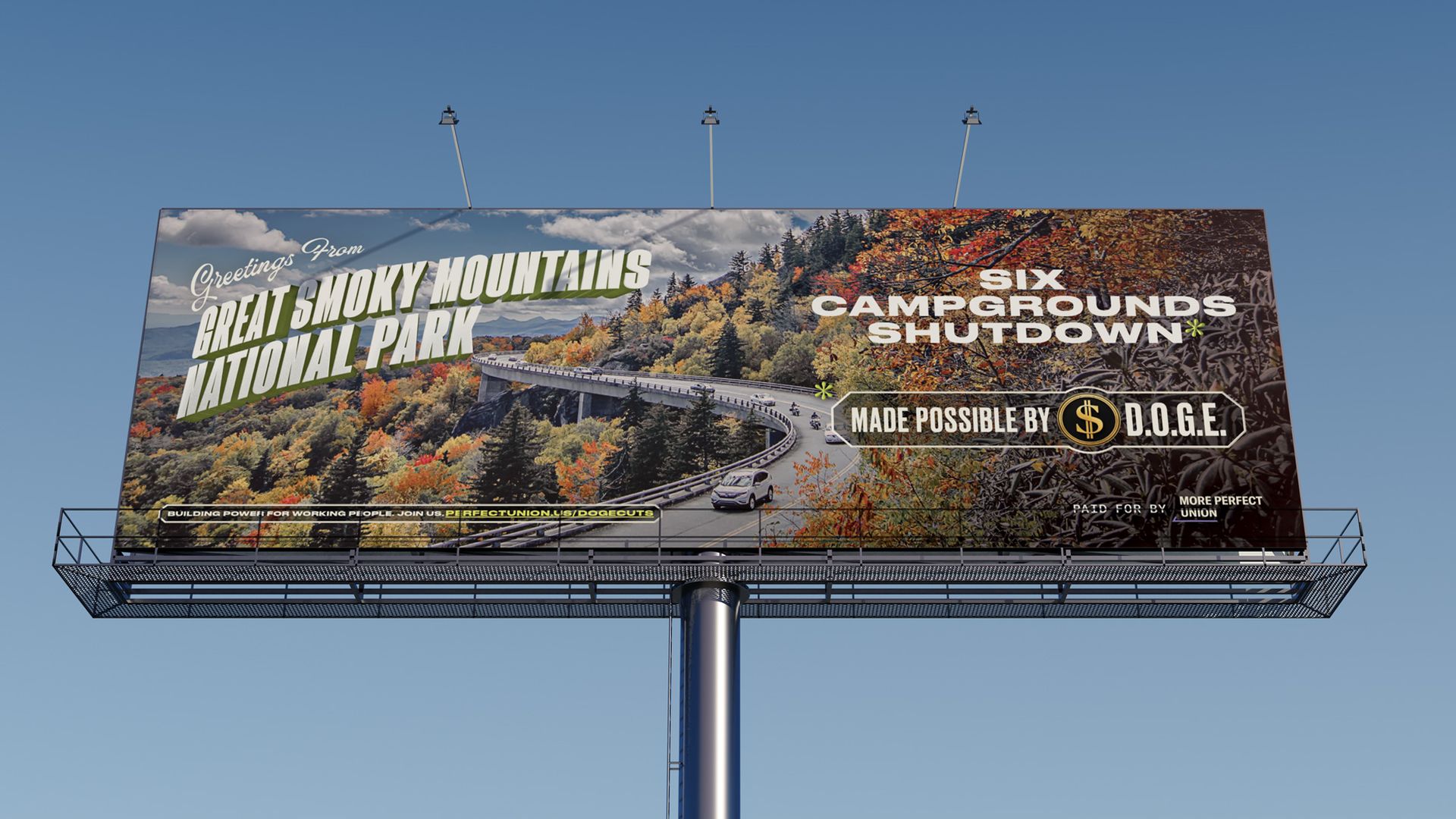 A photo of a billboard saying the closure of campgrounds at Great Smoky Mountains National Park