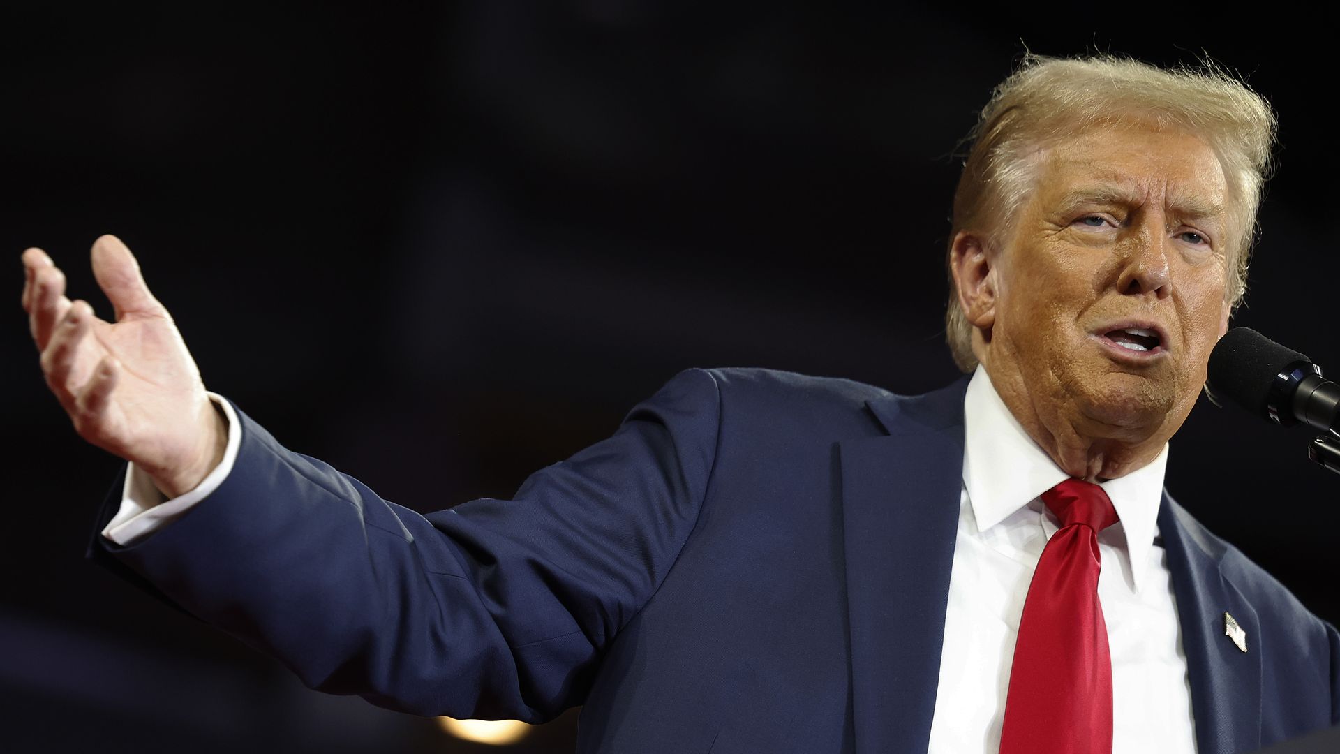 Republican presidential nominee, former U.S. President Donald Trump delivers remarks at a campaign rally at the Santander Arena on October 09, 2024 in Reading, Pennsylvania.