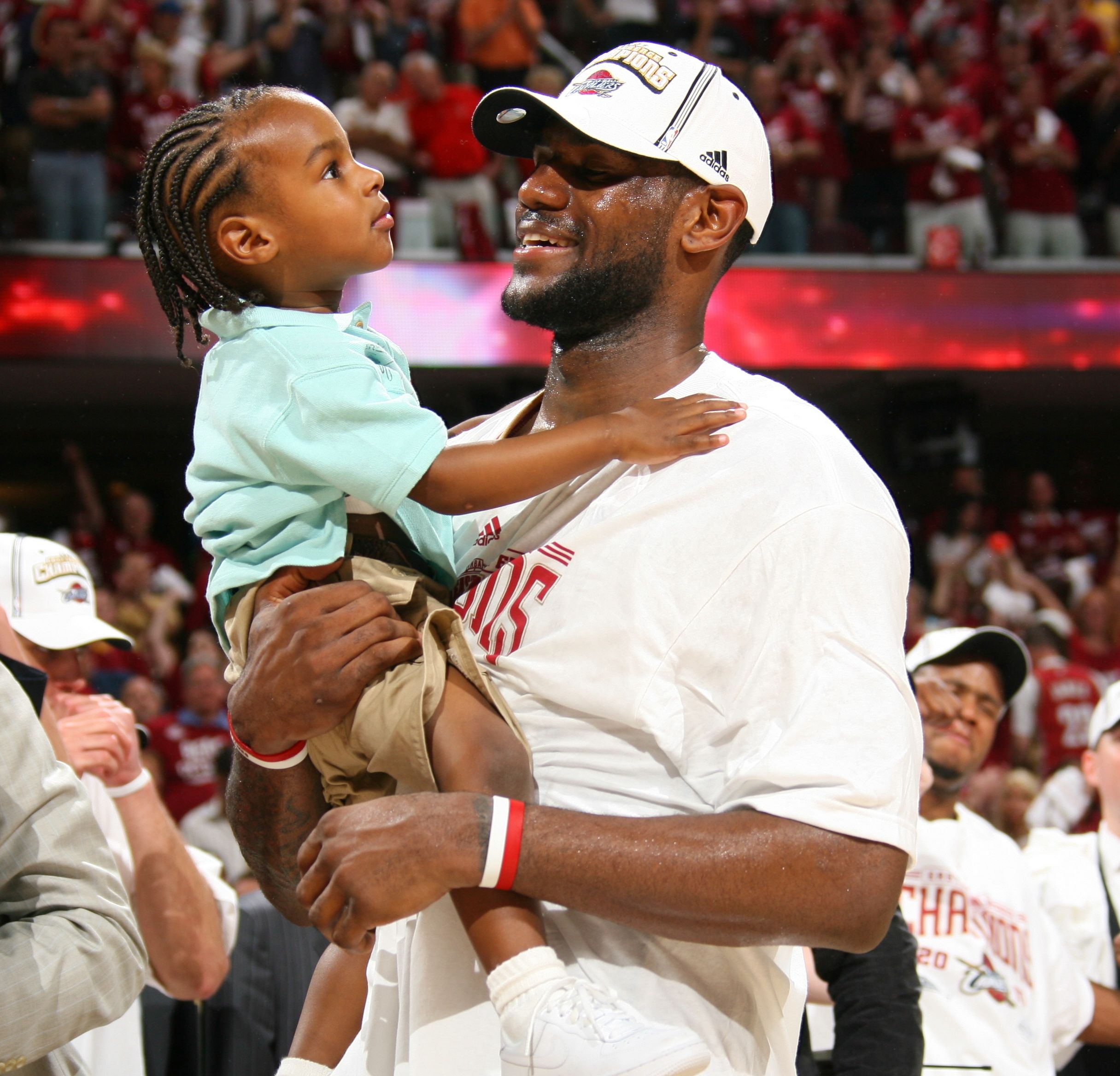 LeBron James holds a 2-year-old Bronny during the 2007 Eastern Conference Finals.