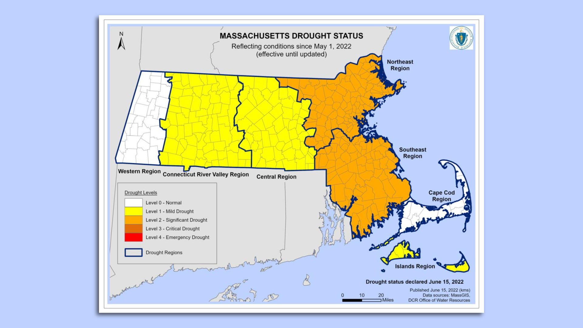 Map of Mass. showing a drought in 2022.