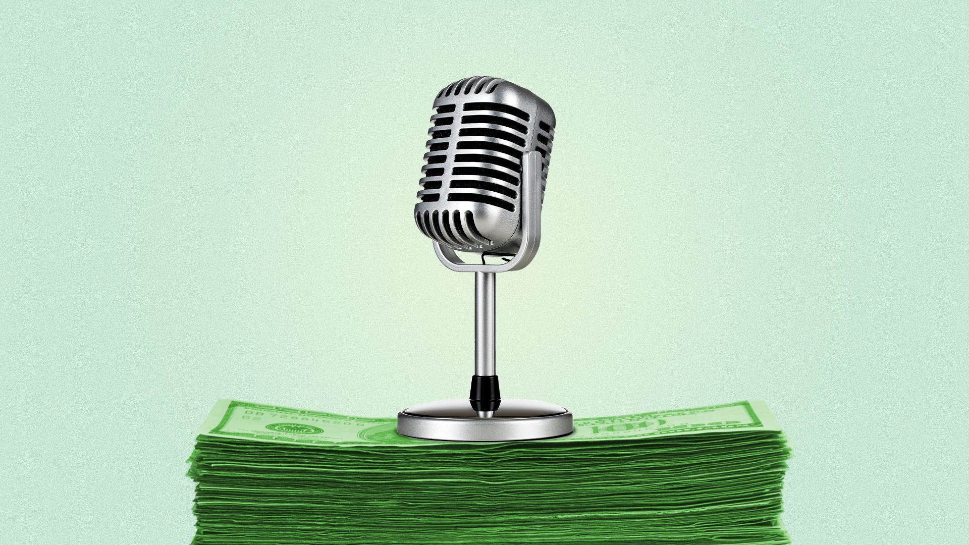 Illustration of a microphone on top of a stack of dollars.