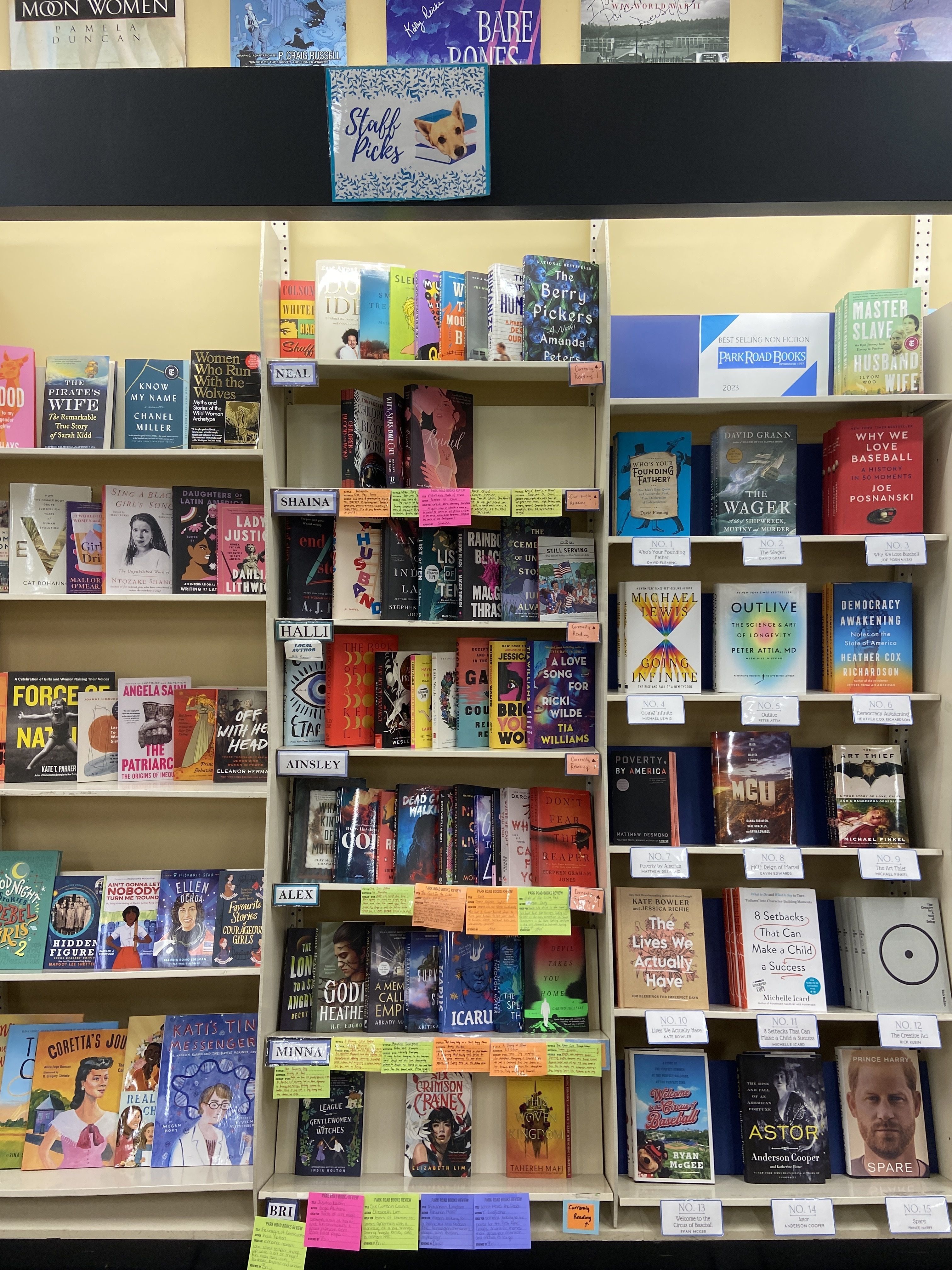 Park Road books. Staff picks books line the shelves.