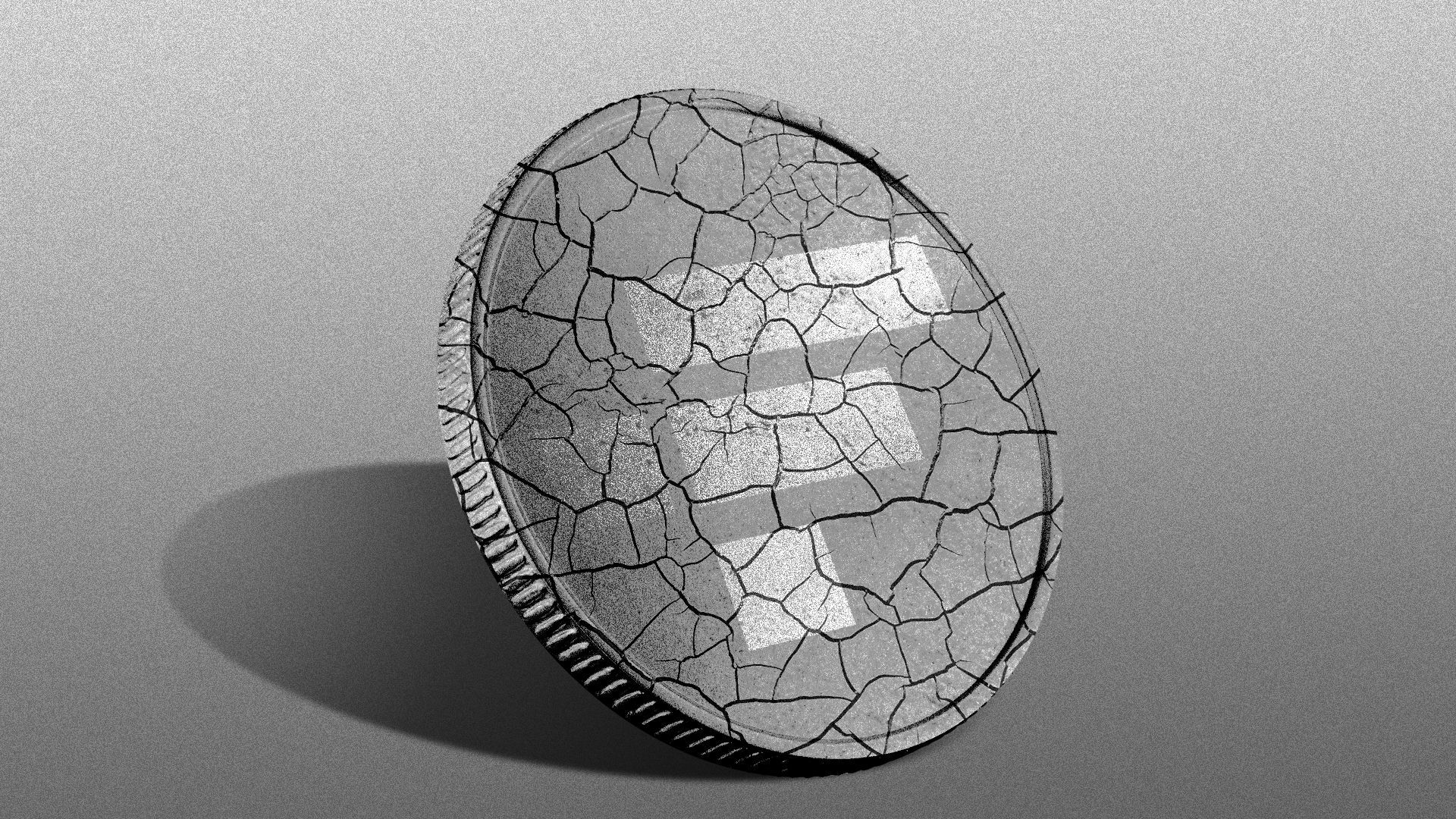 Illustration of a cracked coin with the FTX logo on it