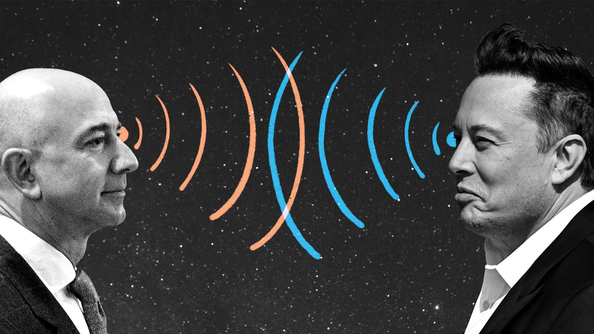 Illustration of Jeff Bezos and Elon Musk fighting over wifi in space.