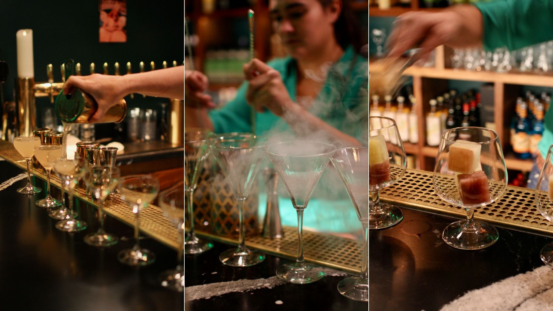 Three images showing bartenders preparing cocktails at a bar: pouring drinks, stirring in smoky glasses, and placing garnishes with ice cubes and fruit in glasses.