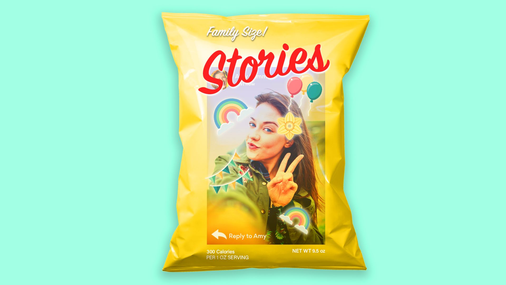 Facebook Stories, pictured as a bag of potato chips