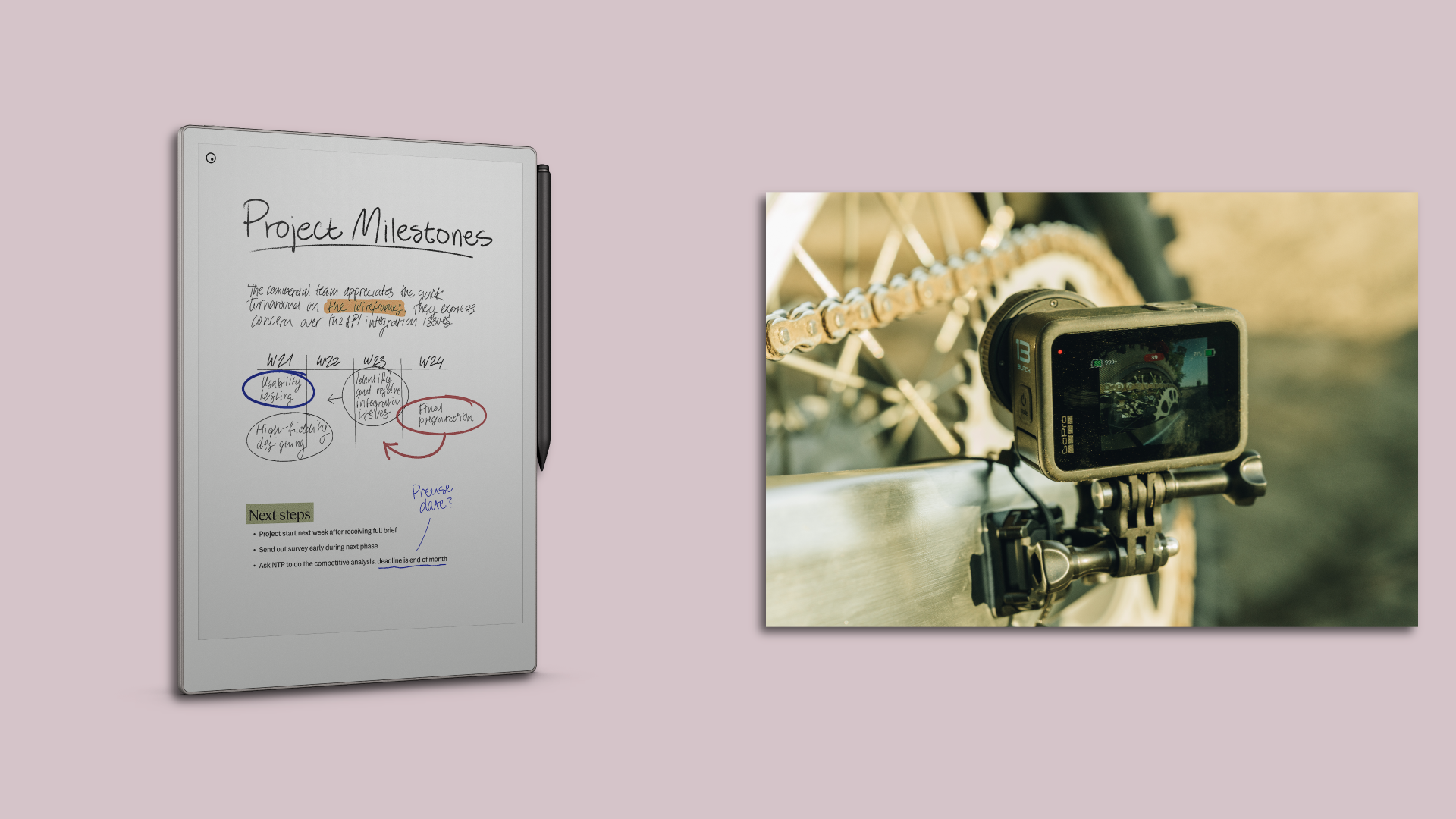 ReMarkable's Paper Pro tablet, left, and the GoPro 13 Black, right