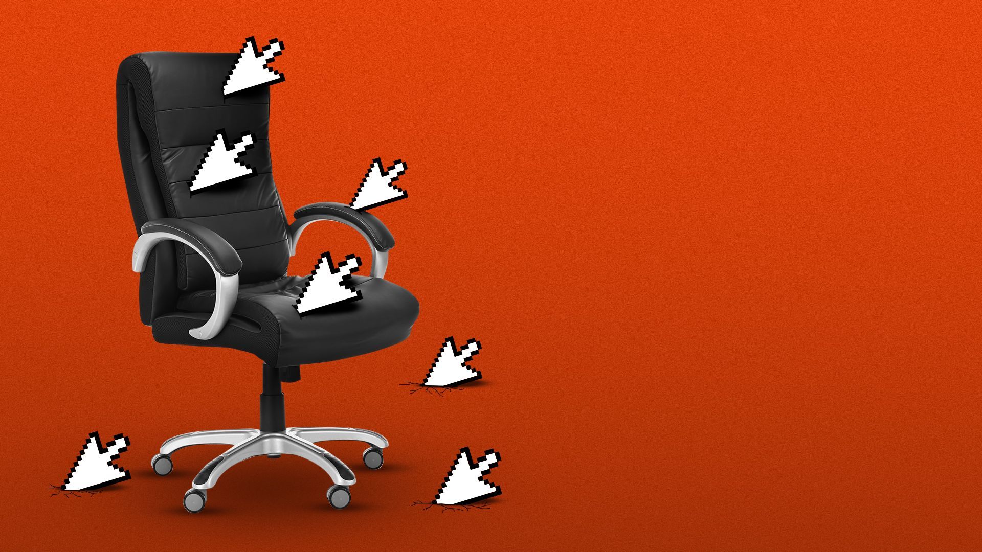 Illustration of an office chair pierced by multiple computer cursors. 