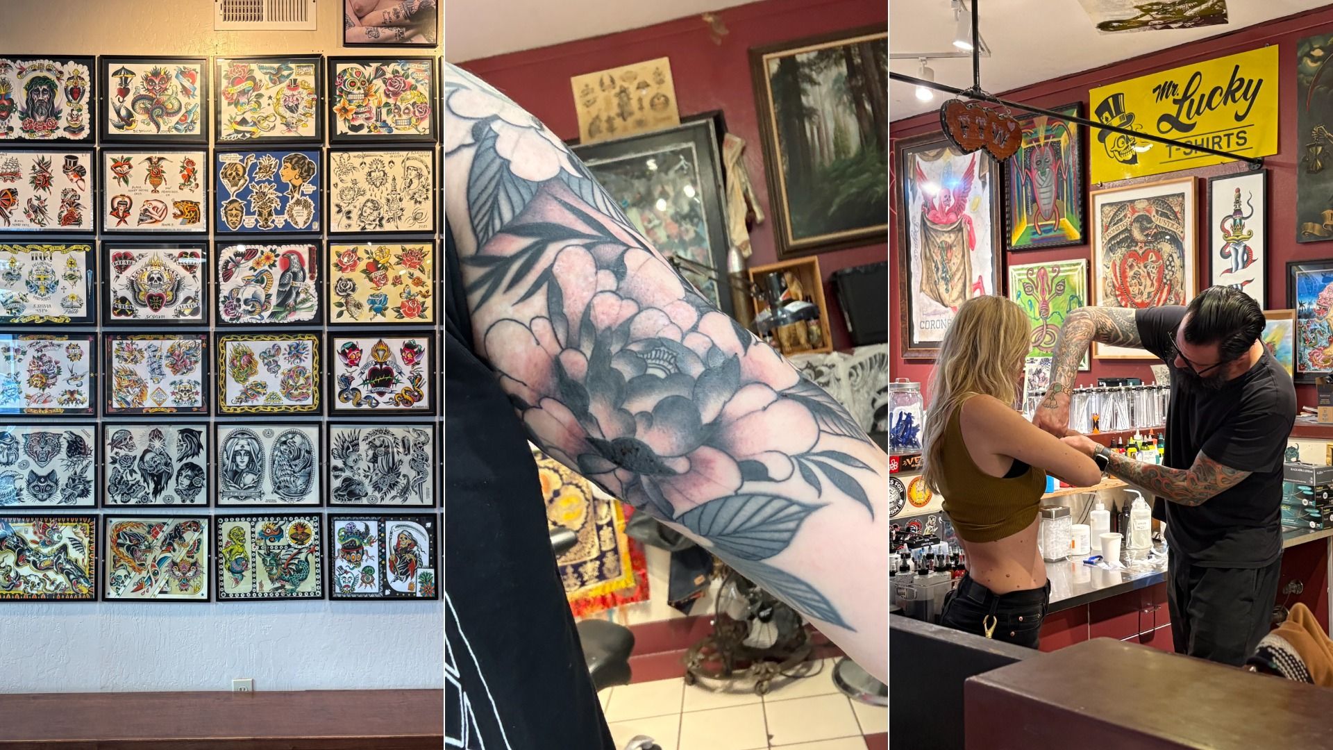Triptych scene inside a tattoo shop: left wall with colorful flash sheets, middle close-up of a black-and-gray floral forearm tattoo, right a tattoo artist works on a woman amid framed art in a red room and a yellow sign.