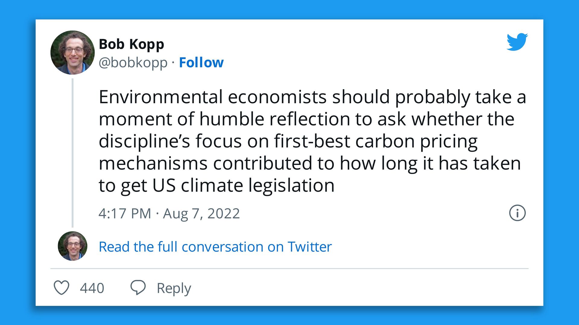 Image of a tweet from climate scientist Bob Kopp about carbon pricing