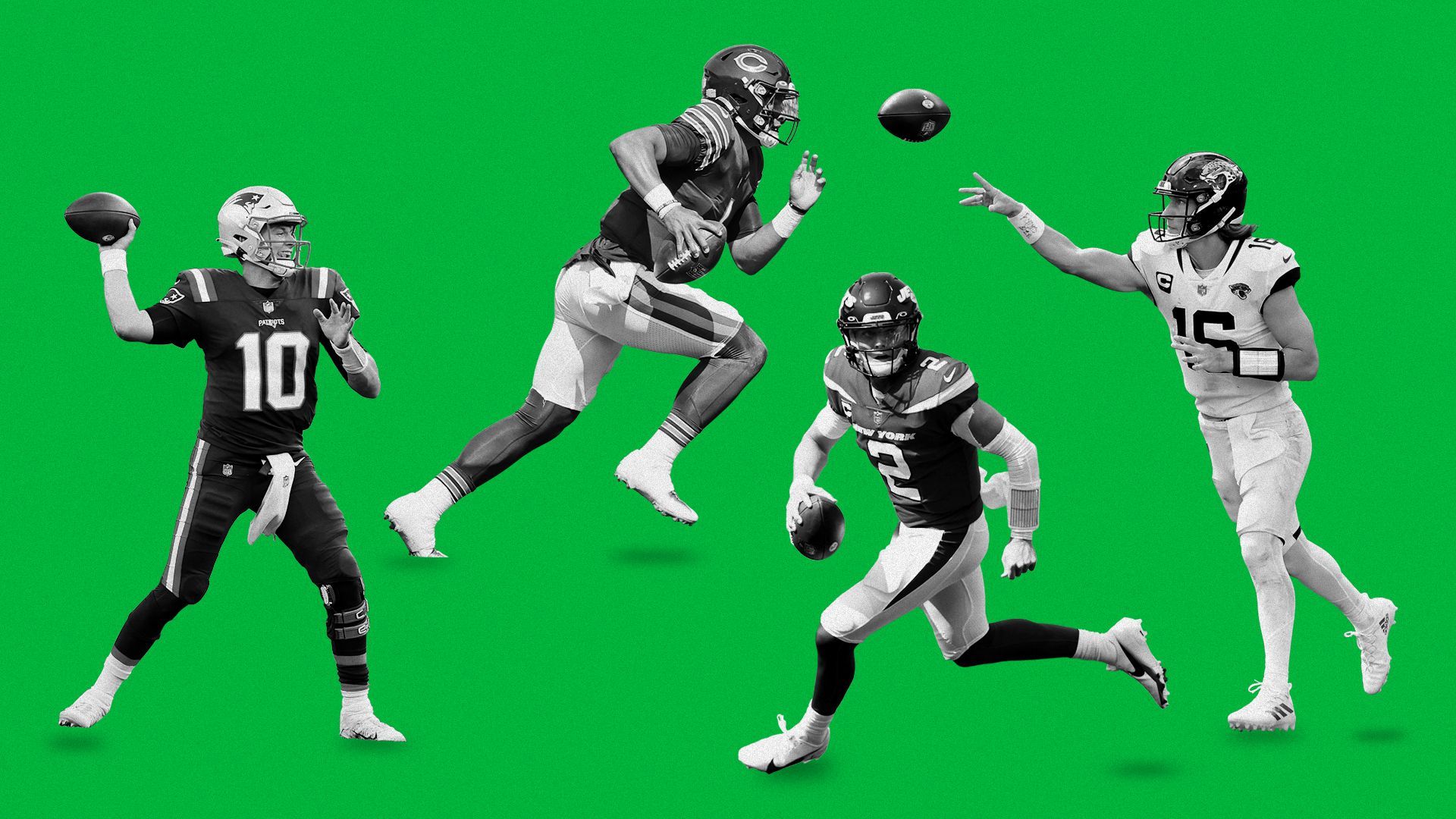 Photo illustration of NFL quarterbacks Mac Jones, Justin Fields, Zach Wilson and Trevor Lawrence.