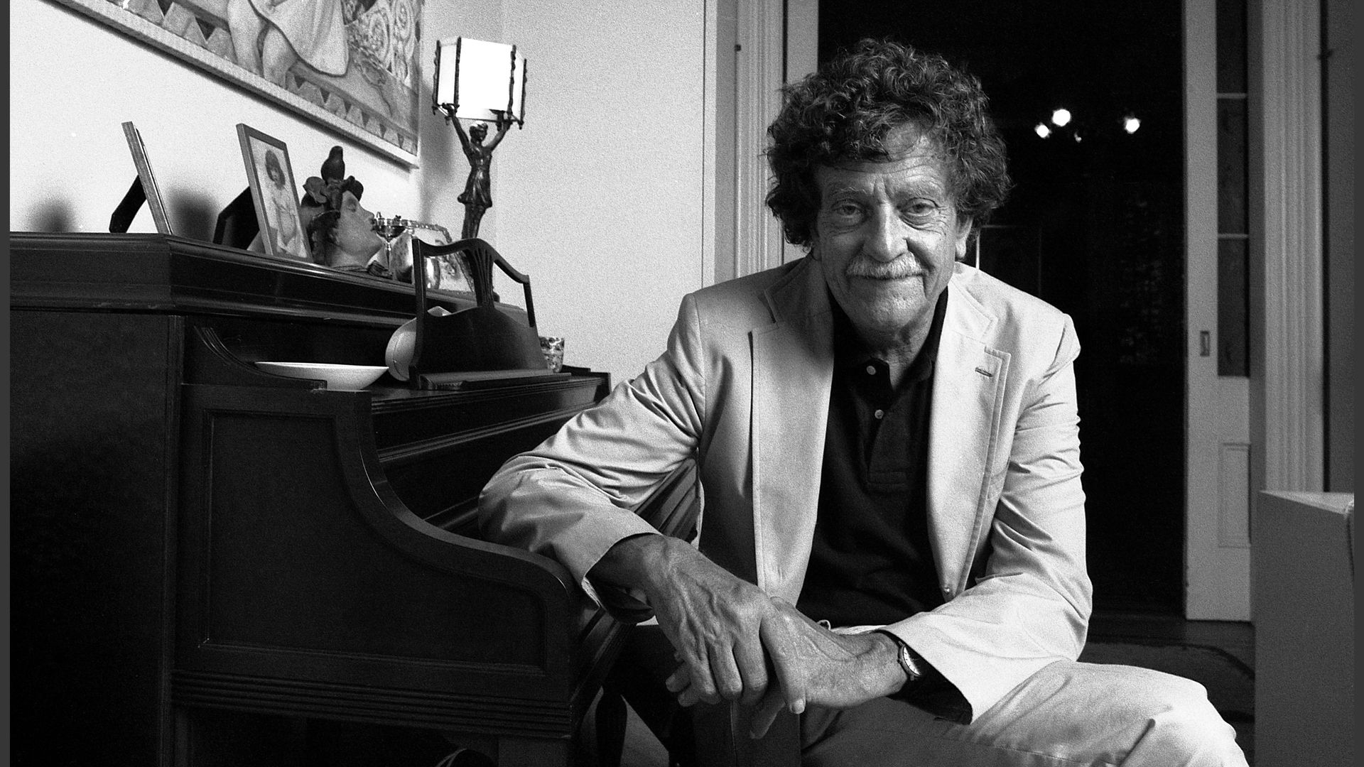 Portrait of American author Kurt Vonnegut Jr. (1922 - 2007) as he poses in his home, New York, New York, mid 1980s.