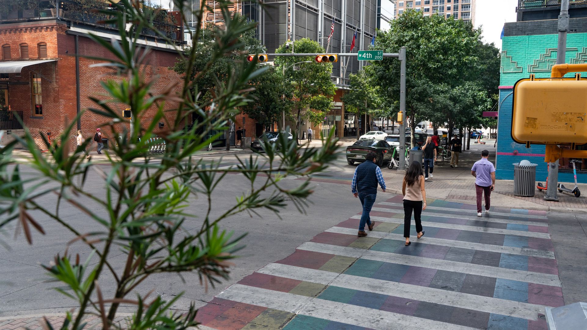 Leaves in the foreground frame a city street with a rainbow crosswalk, pedestrians walking, cars on the road, brick building on left, glass towers in back, trees, and a yellow utility box on the right.