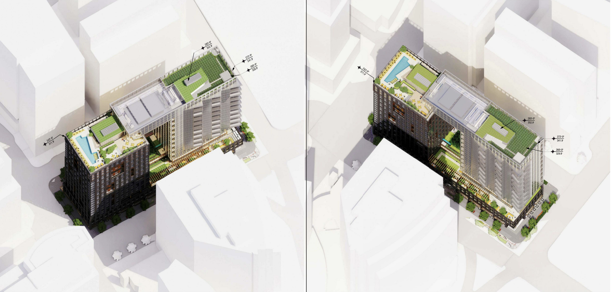 Rendering shows rooftop pool and terrace of 27-story luxury towers