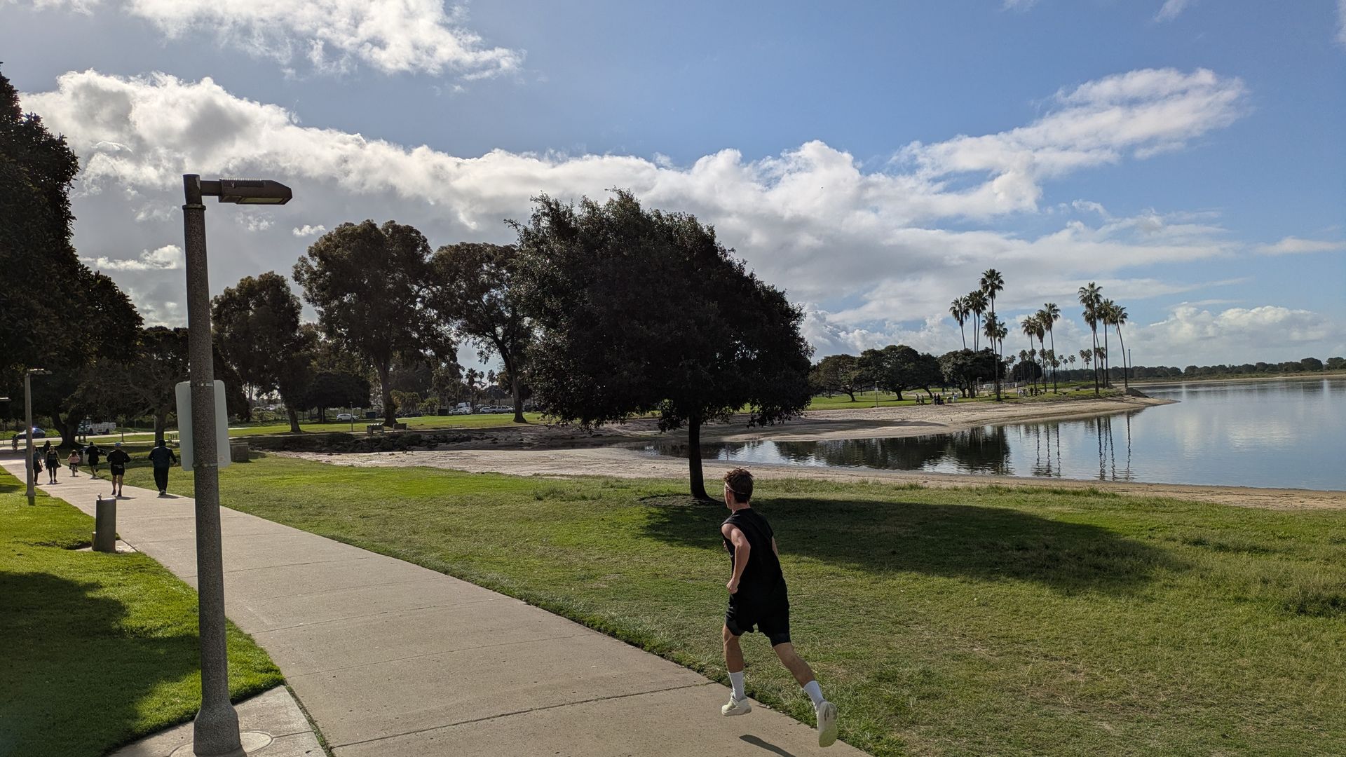 A person jogging on a paved path beside a lake with green grass, trees, and palm trees under a partly cloudy blue sky in a park setting.