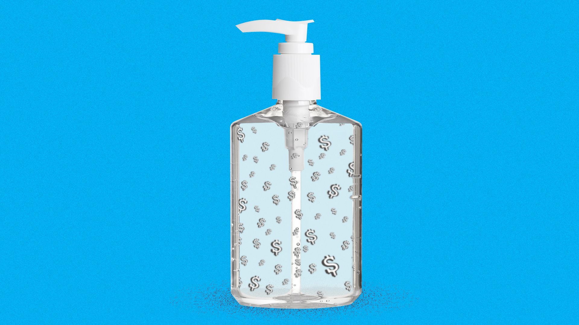 Illustration of a bottle of hand sanitizer with the air bubbles in the shape of dollar bills.