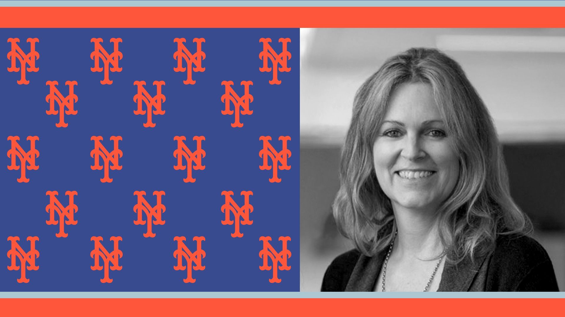 Photo illustration of Nancy Elder surrounded by a pattern made up of the NY Mets insignia. 