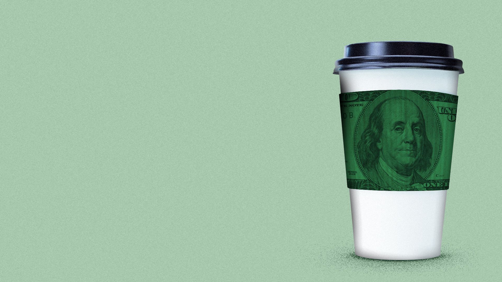 Illustration of a to-go coffee cup with a hundred dollar bill as the cup's jacket. 