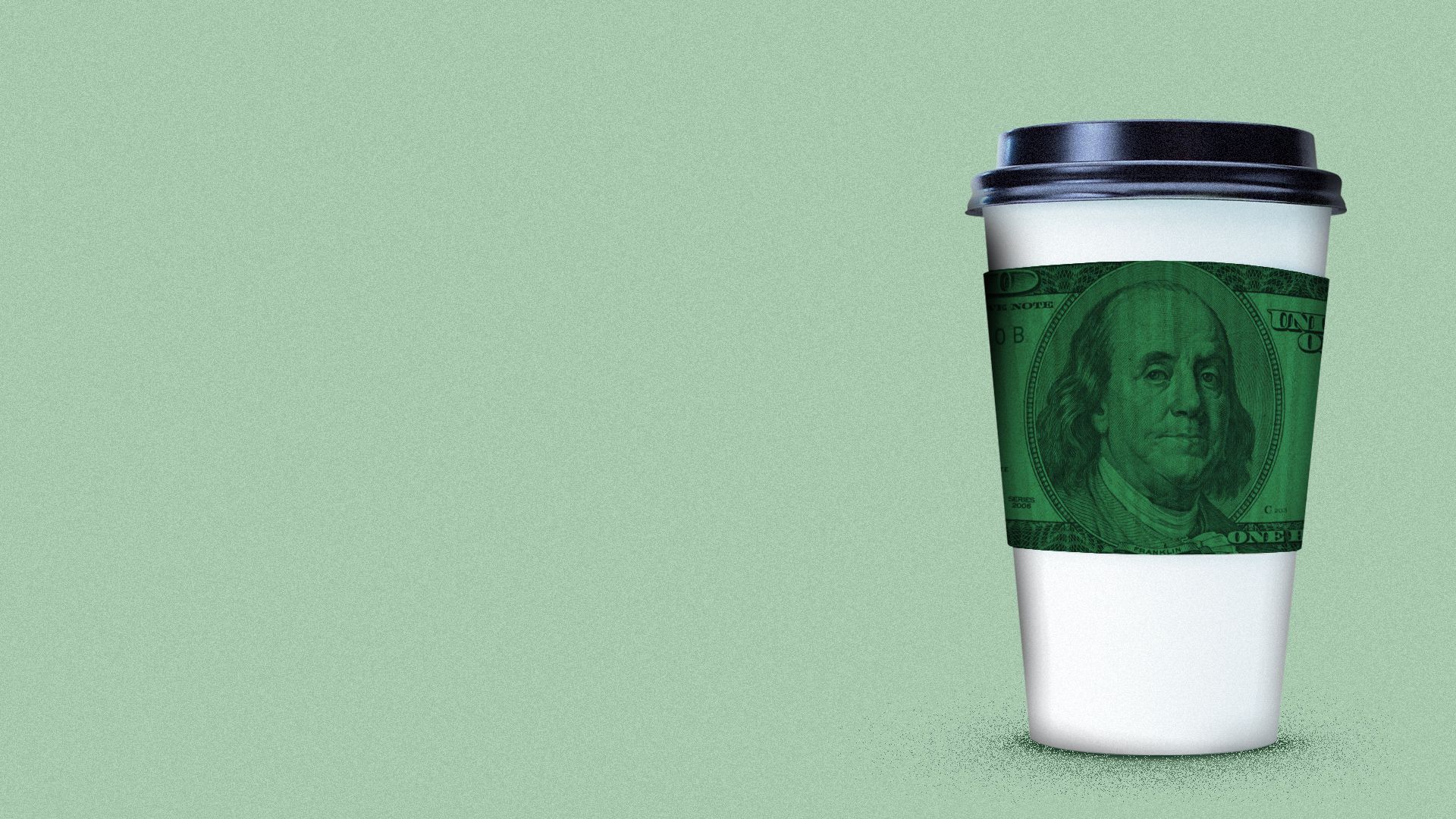 Illustration of a to-go coffee cup with a hundred dollar bill as the cup's jacket.